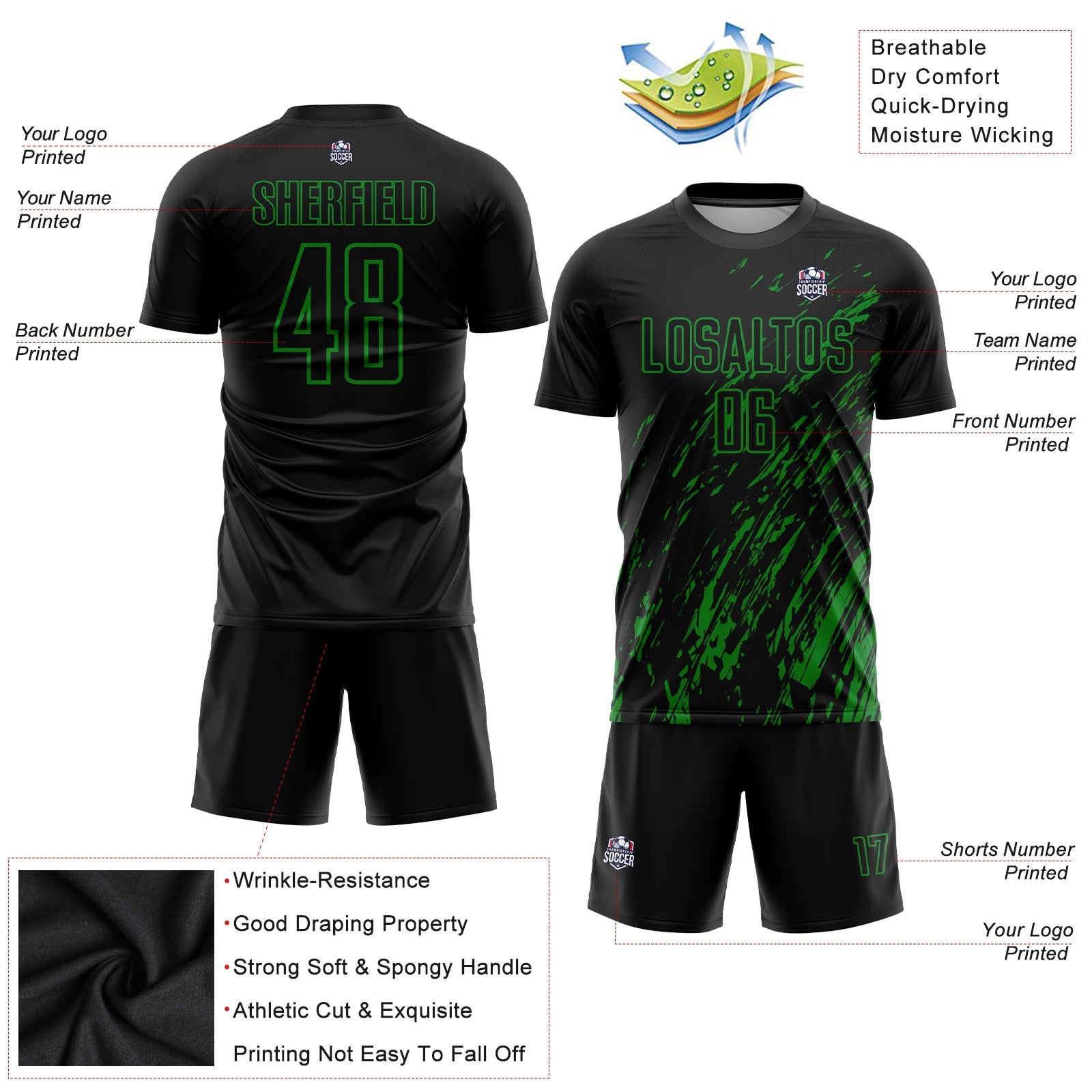 Custom Black Grass Green Sublimation Soccer Uniform Jersey - Sky-Custom