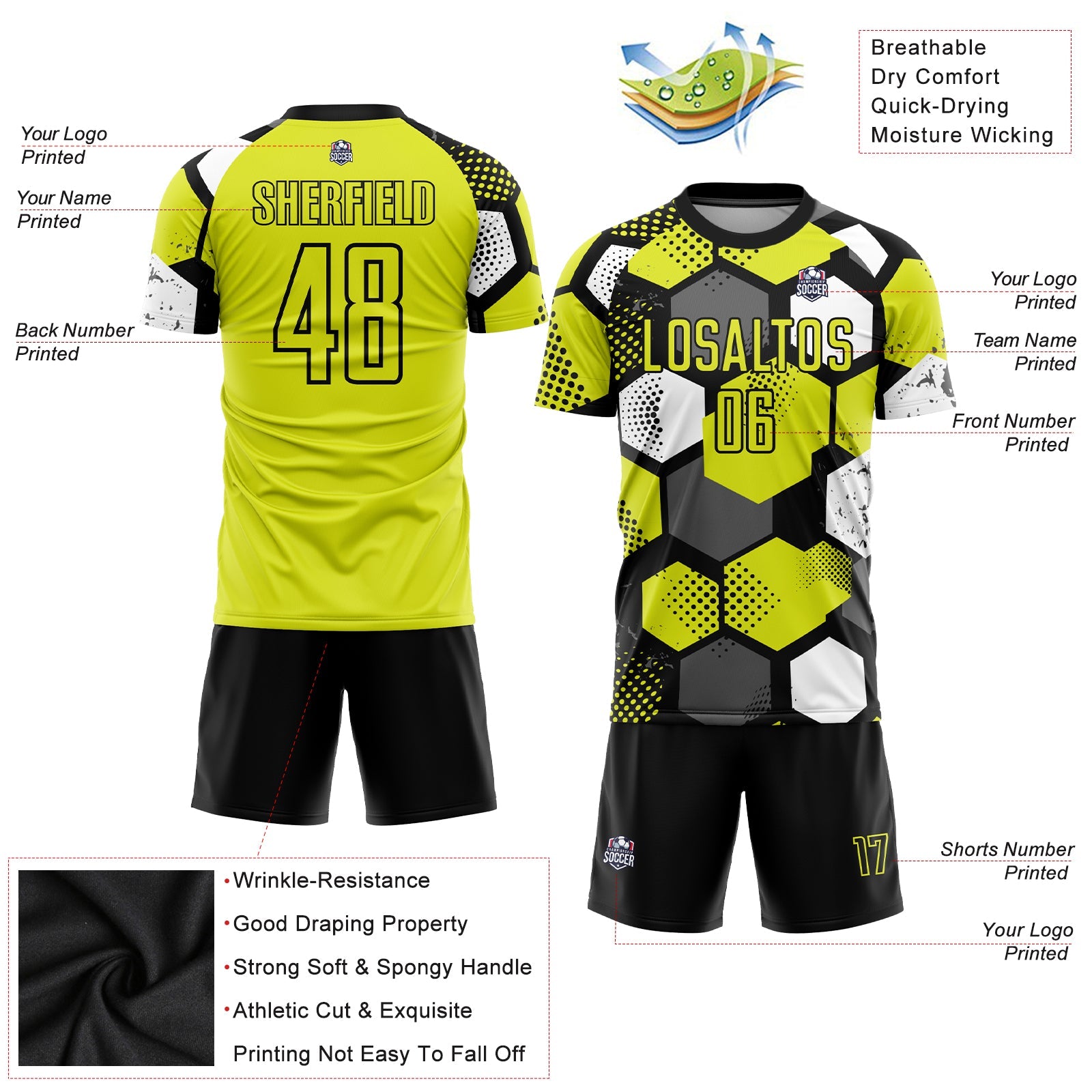Custom Neon Yellow Black-White Sublimation Soccer Uniform Jersey - Sky-Custom