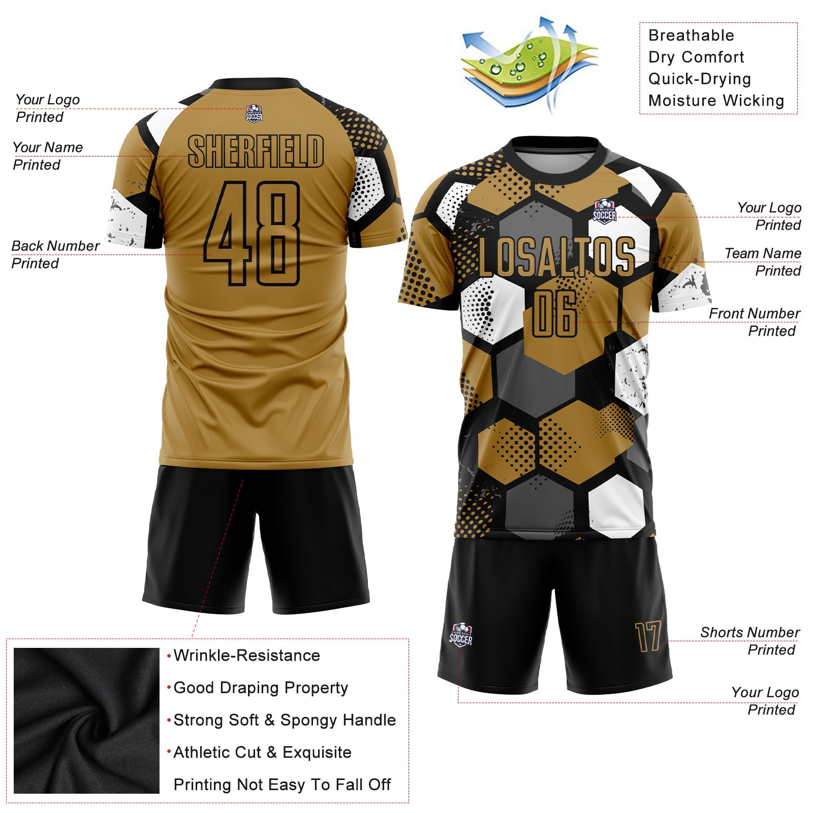 Custom Old Gold Black-White Sublimation Soccer Uniform Jersey - Sky-Custom