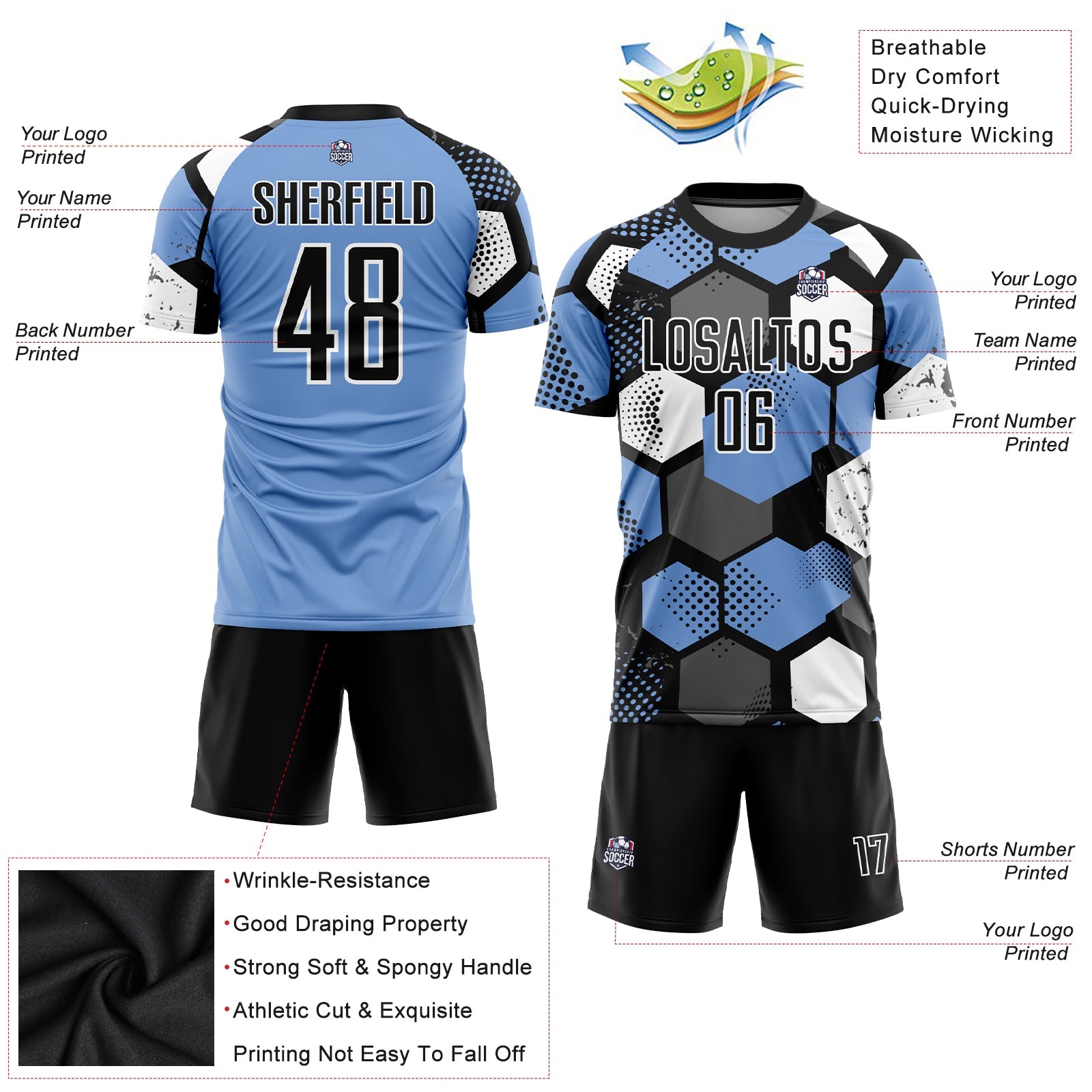 Custom Light Blue Black-White Sublimation Soccer Uniform Jersey - Sky-Custom