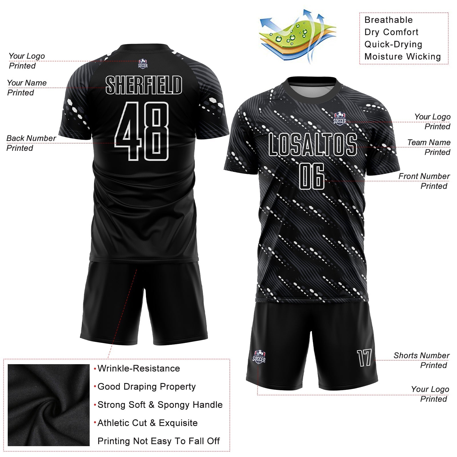 Custom Black White Sublimation Soccer Uniform Jersey - Sky-Custom