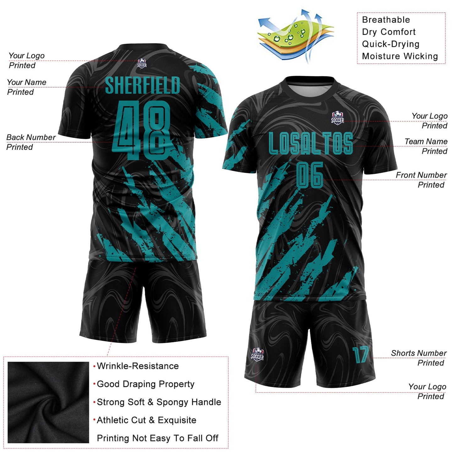 Custom Black Teal Sublimation Soccer Uniform Jersey - Sky-Custom