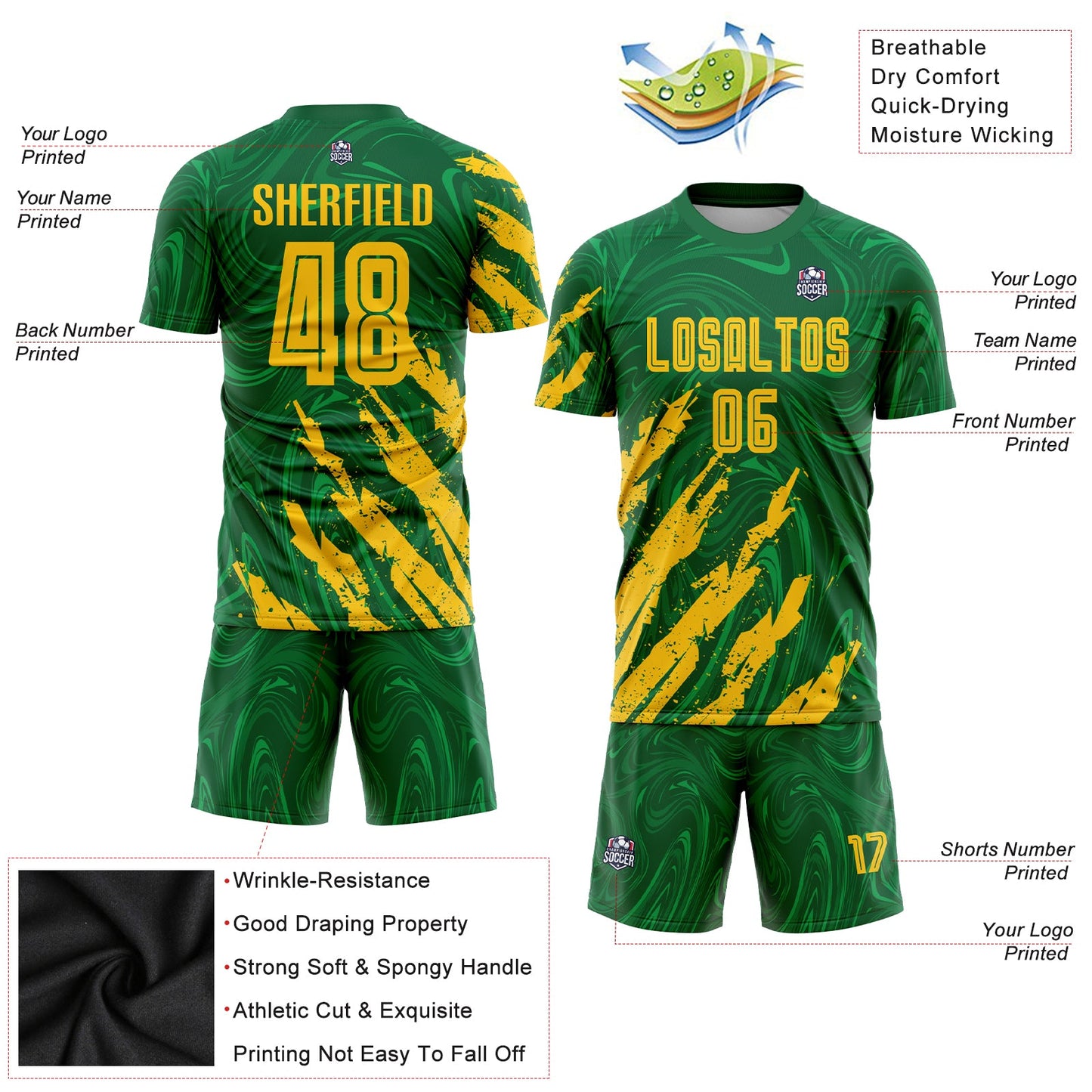 Custom Kelly Green Gold Sublimation Soccer Uniform Jersey - Sky-Custom