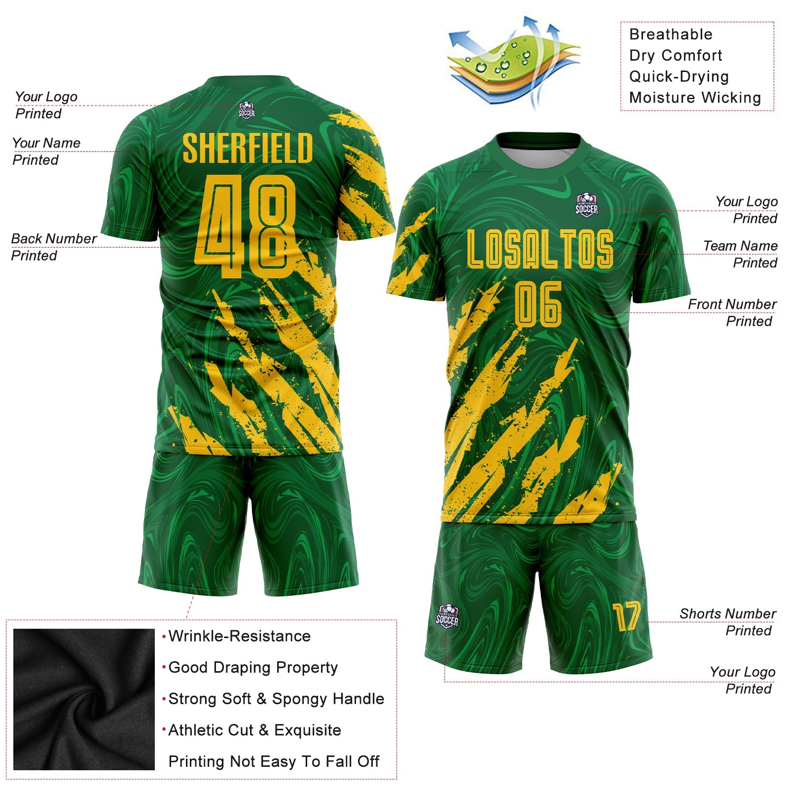 Custom Kelly Green Gold Sublimation Soccer Uniform Jersey - Sky-Custom