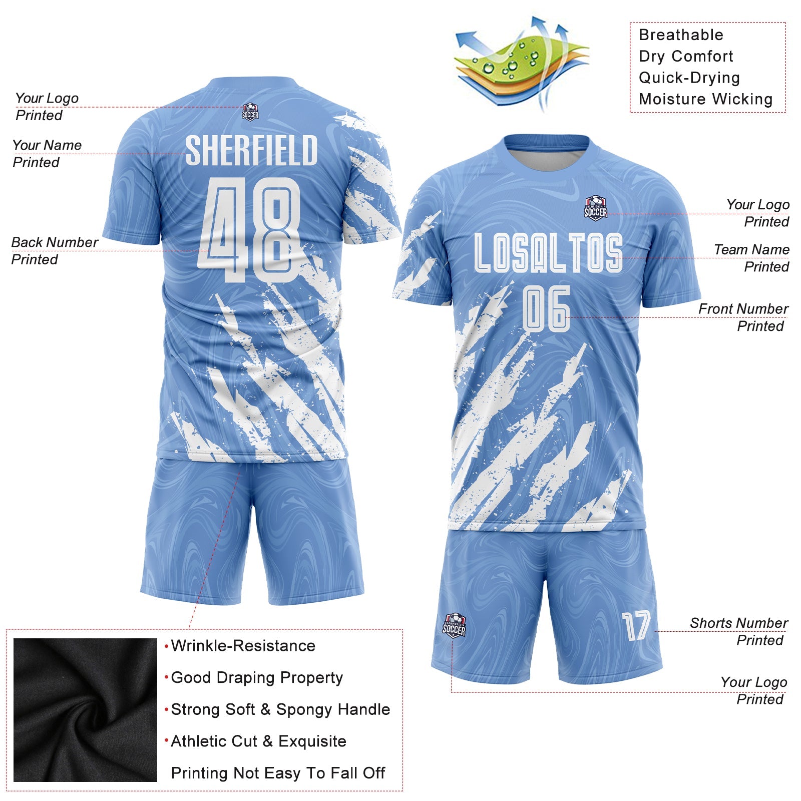 Custom Light Blue White Sublimation Soccer Uniform Jersey - Sky-Custom