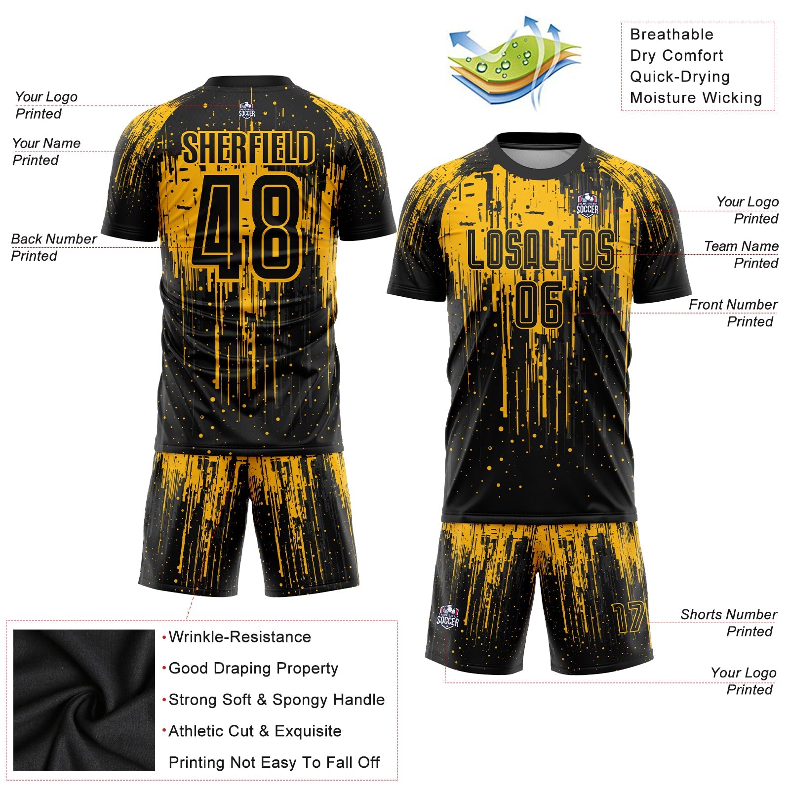 Custom Gold Black Sublimation Soccer Uniform Jersey - Sky-Custom