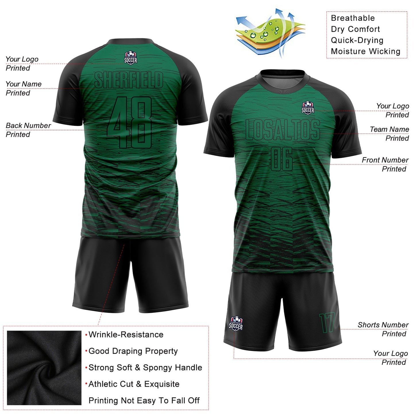 Custom Kelly Green Black Sublimation Soccer Uniform Jersey - Sky-Custom