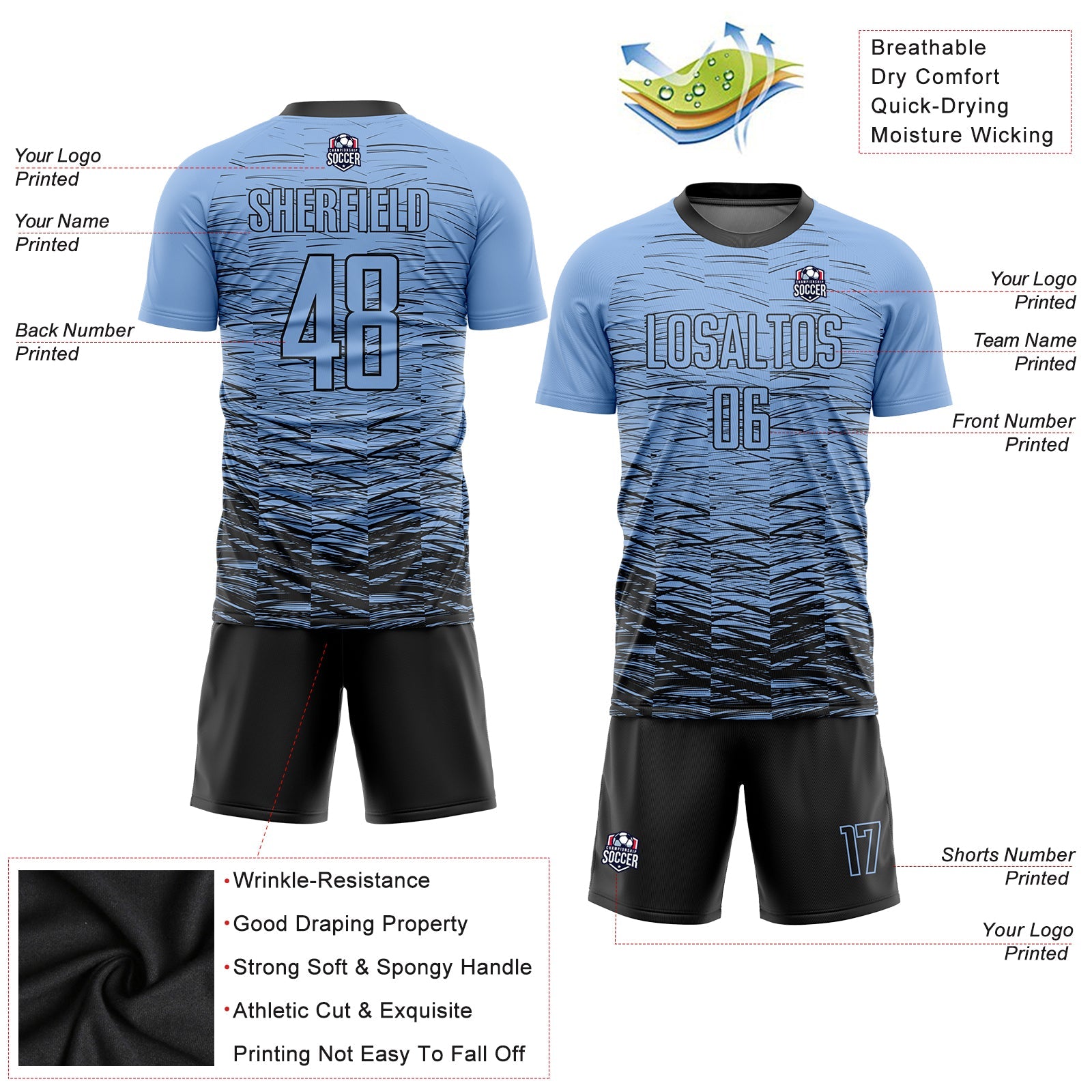 Custom Light Blue Black Sublimation Soccer Uniform Jersey - Sky-Custom
