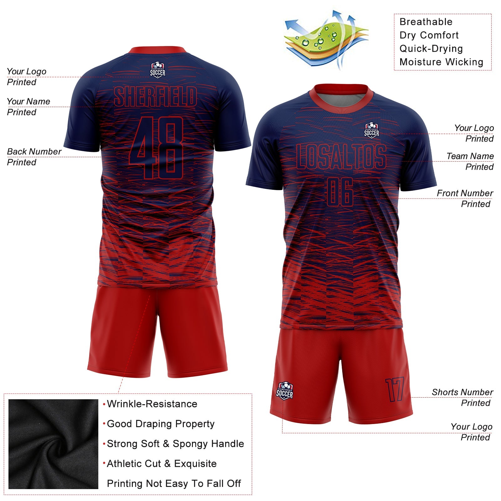 Custom Navy Red Sublimation Soccer Uniform Jersey - Sky-Custom