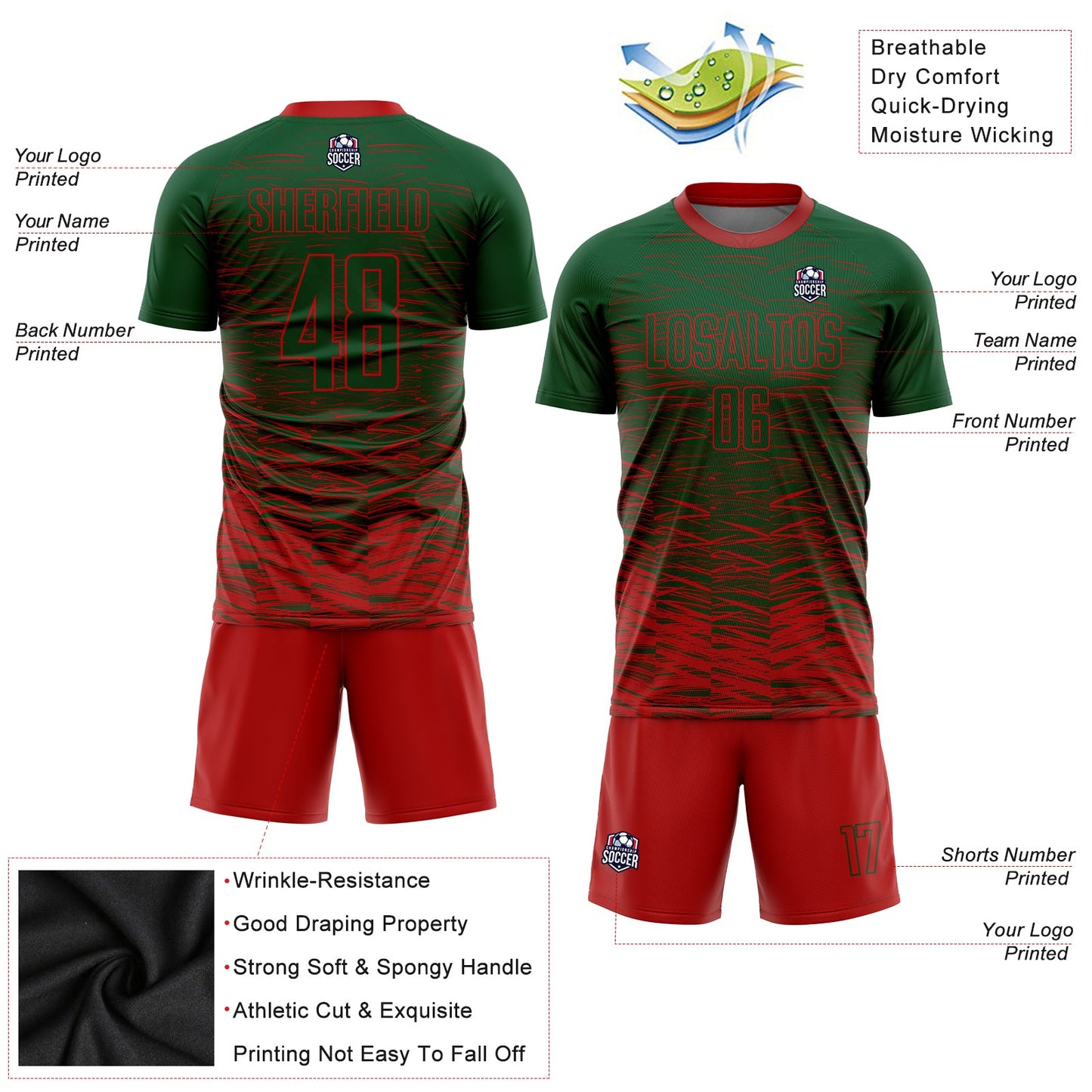 Custom Green Red Sublimation Soccer Uniform Jersey - Sky-Custom