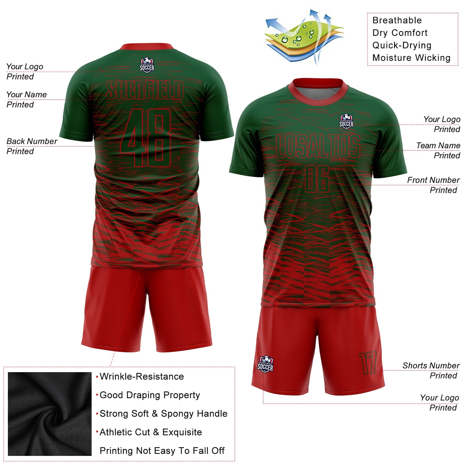 Custom Green Red Sublimation Soccer Uniform Jersey - Sky-Custom