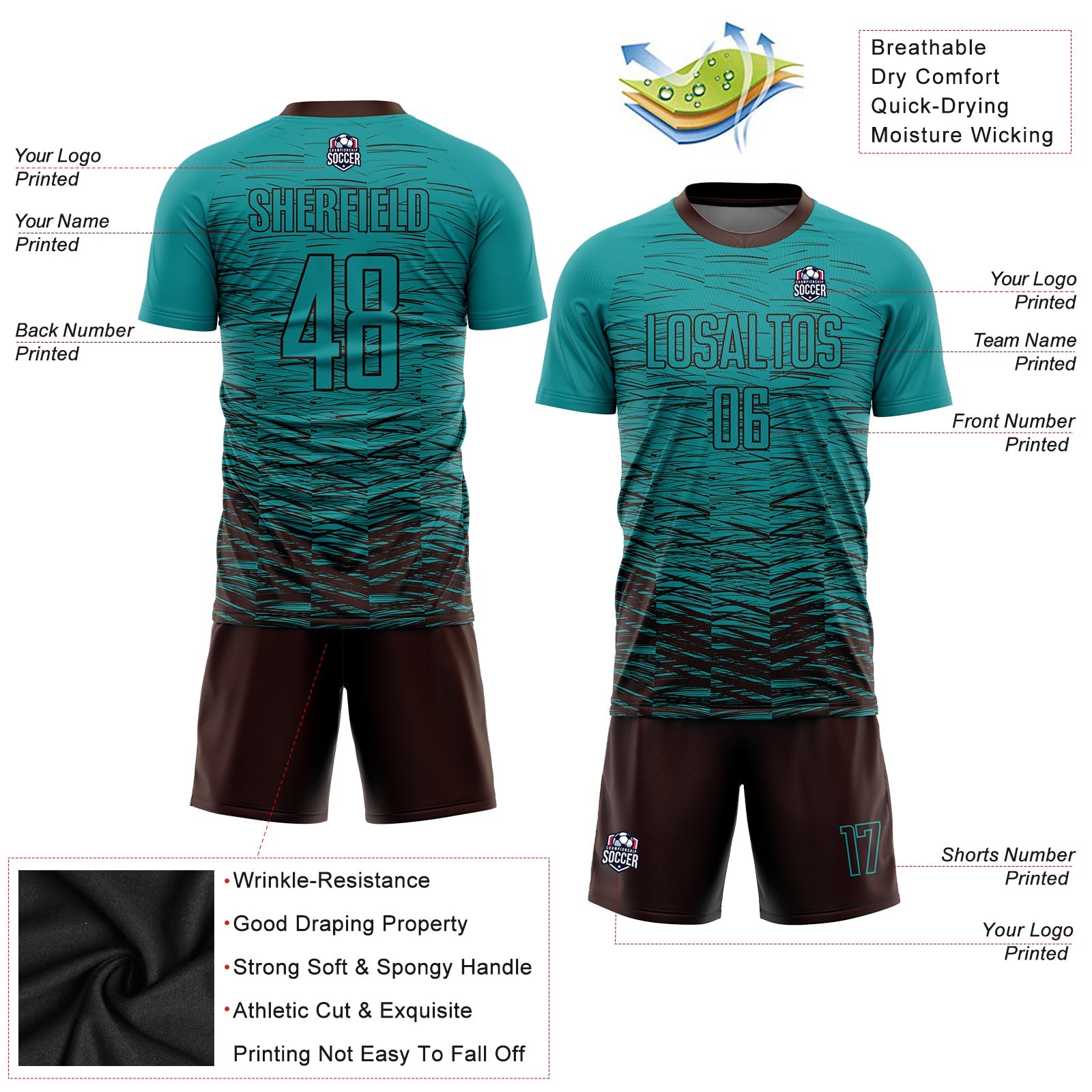 Custom Teal Brown Sublimation Soccer Uniform Jersey - Sky-Custom