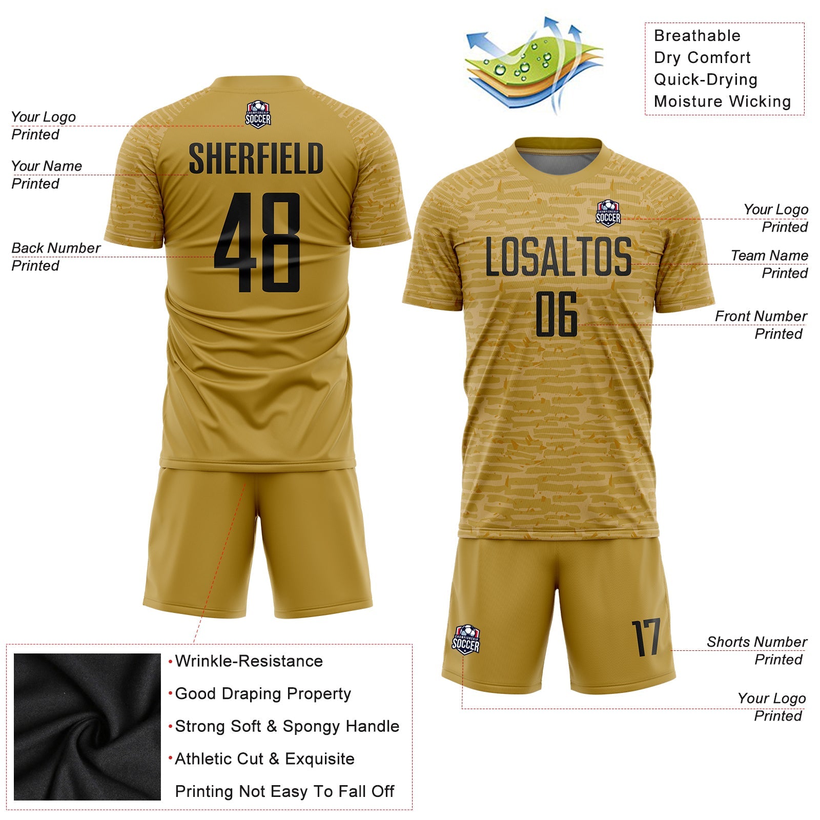 Custom Old Gold Black Sublimation Soccer Uniform Jersey - Sky-Custom