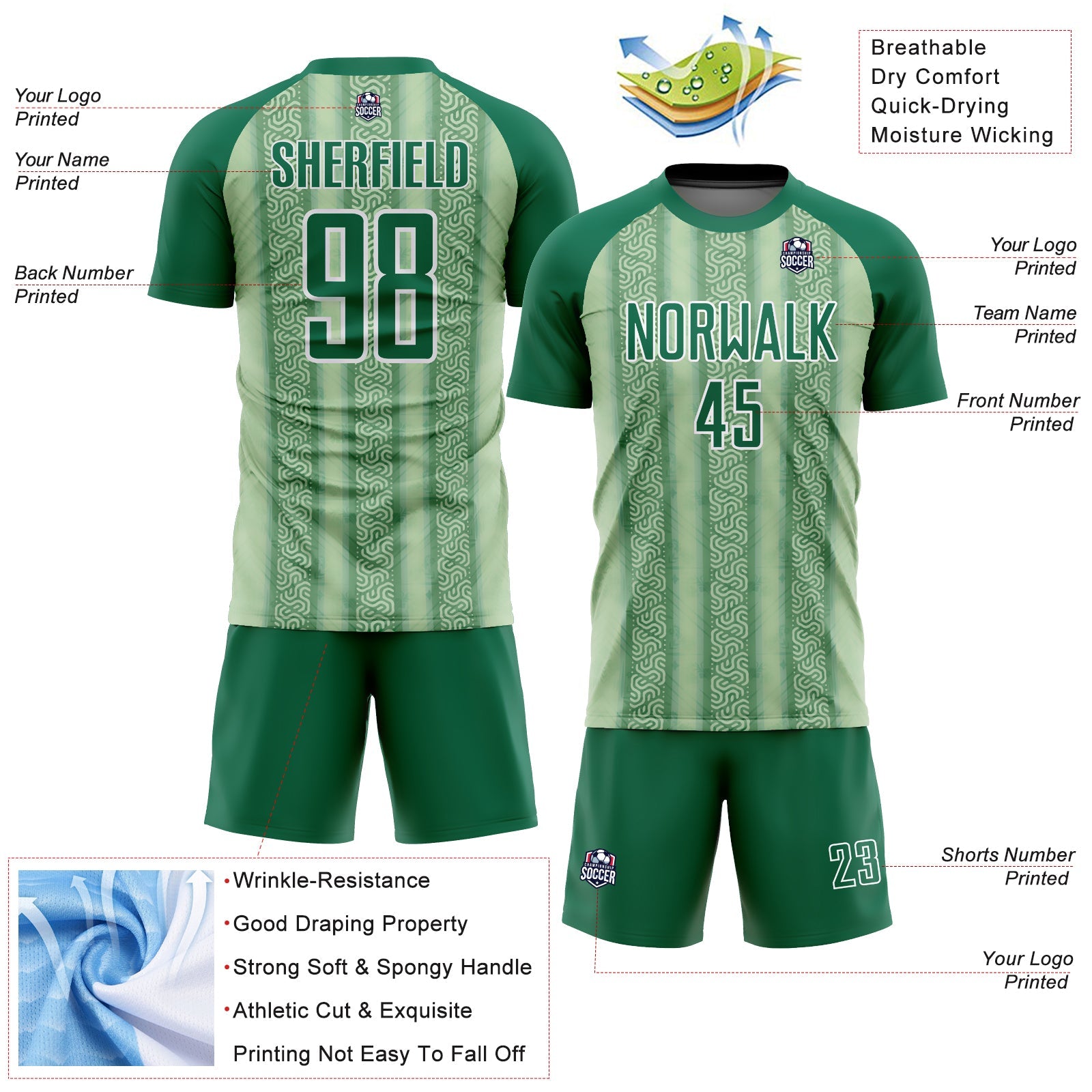 Custom Kelly Green Pea Green-White Ethnic Stripes Sublimation Soccer Uniform Jersey - Sky-Custom