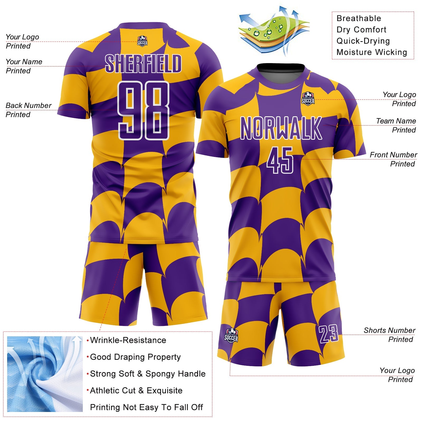 Custom Purple Gold-White Plaid Sublimation Soccer Uniform Jersey - Sky-Custom