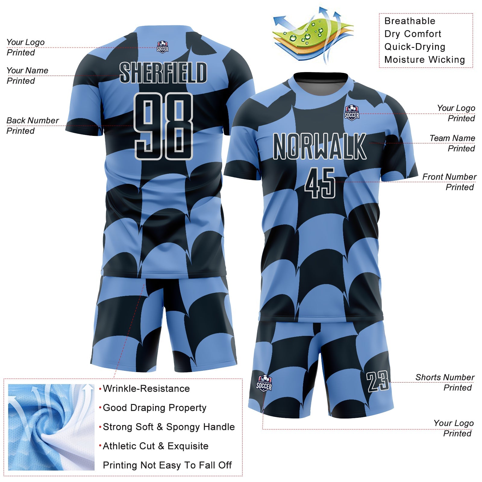 Custom Light Blue Royal-White Plaid Sublimation Soccer Uniform Jersey - Sky-Custom