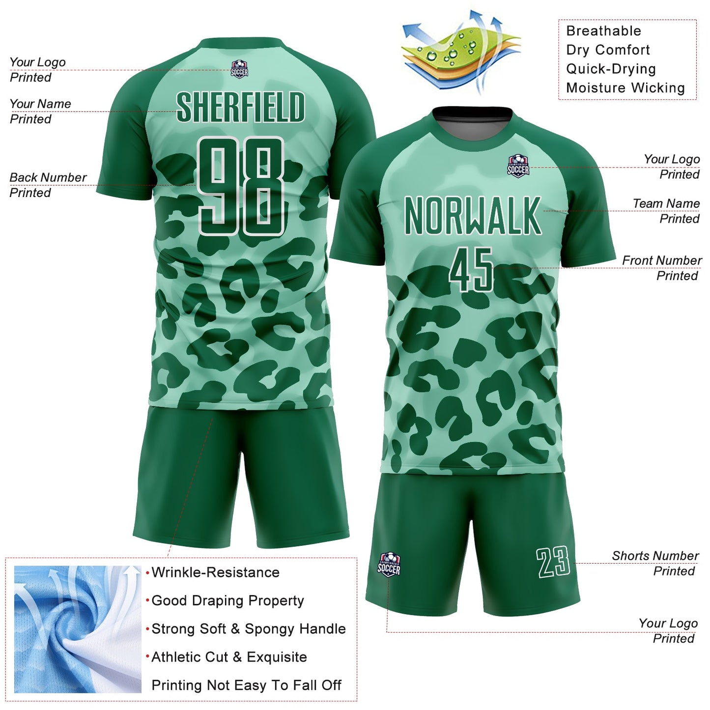 Custom Pea Green Kelly Green-White Animal Print Sublimation Soccer Uniform Jersey - Sky-Custom