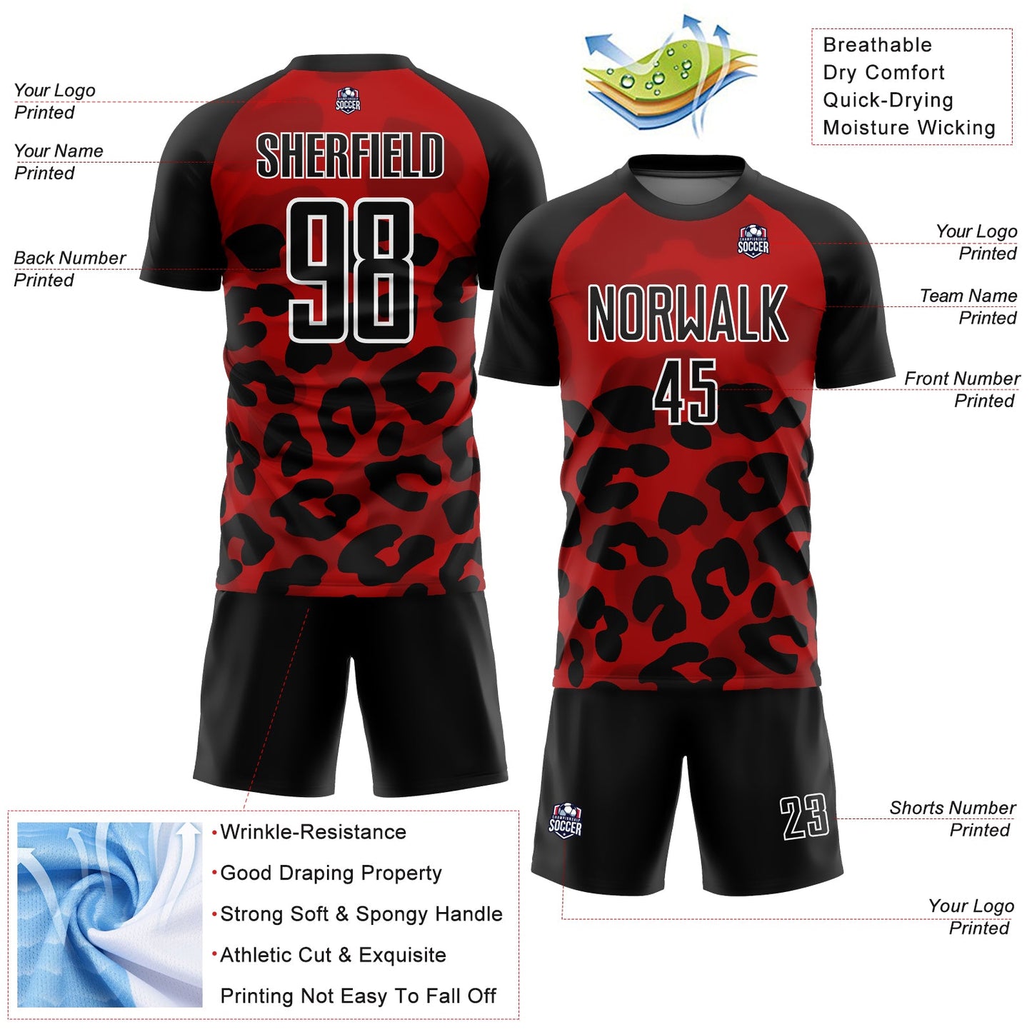Custom Red Black-White Animal Print Sublimation Soccer Uniform Jersey - Sky-Custom