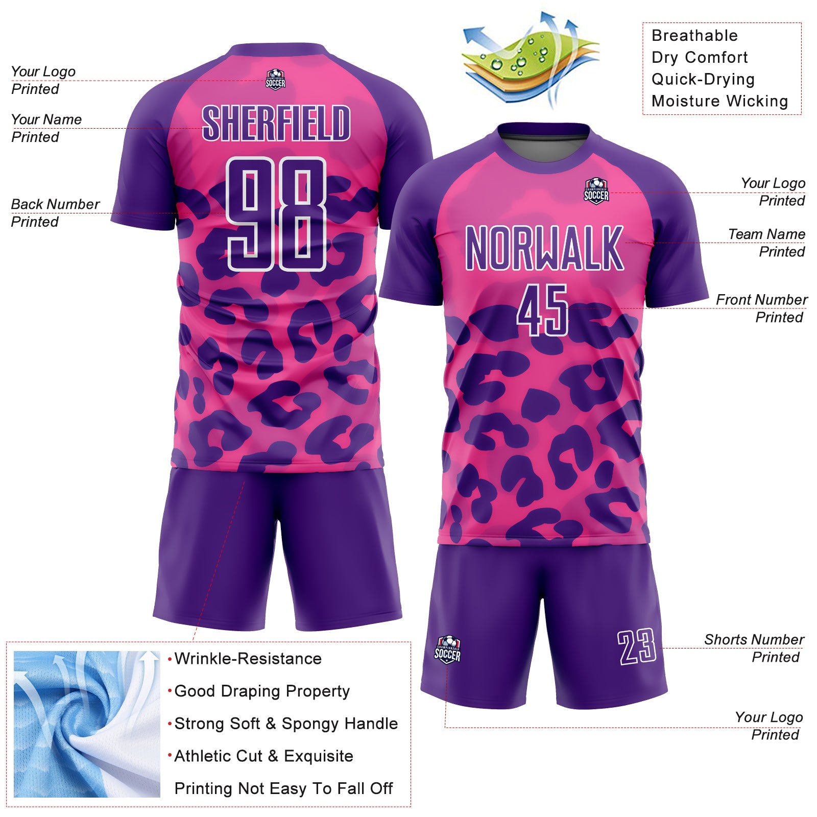 Custom Pink Purple-White Animal Print Sublimation Soccer Uniform Jersey - Sky-Custom