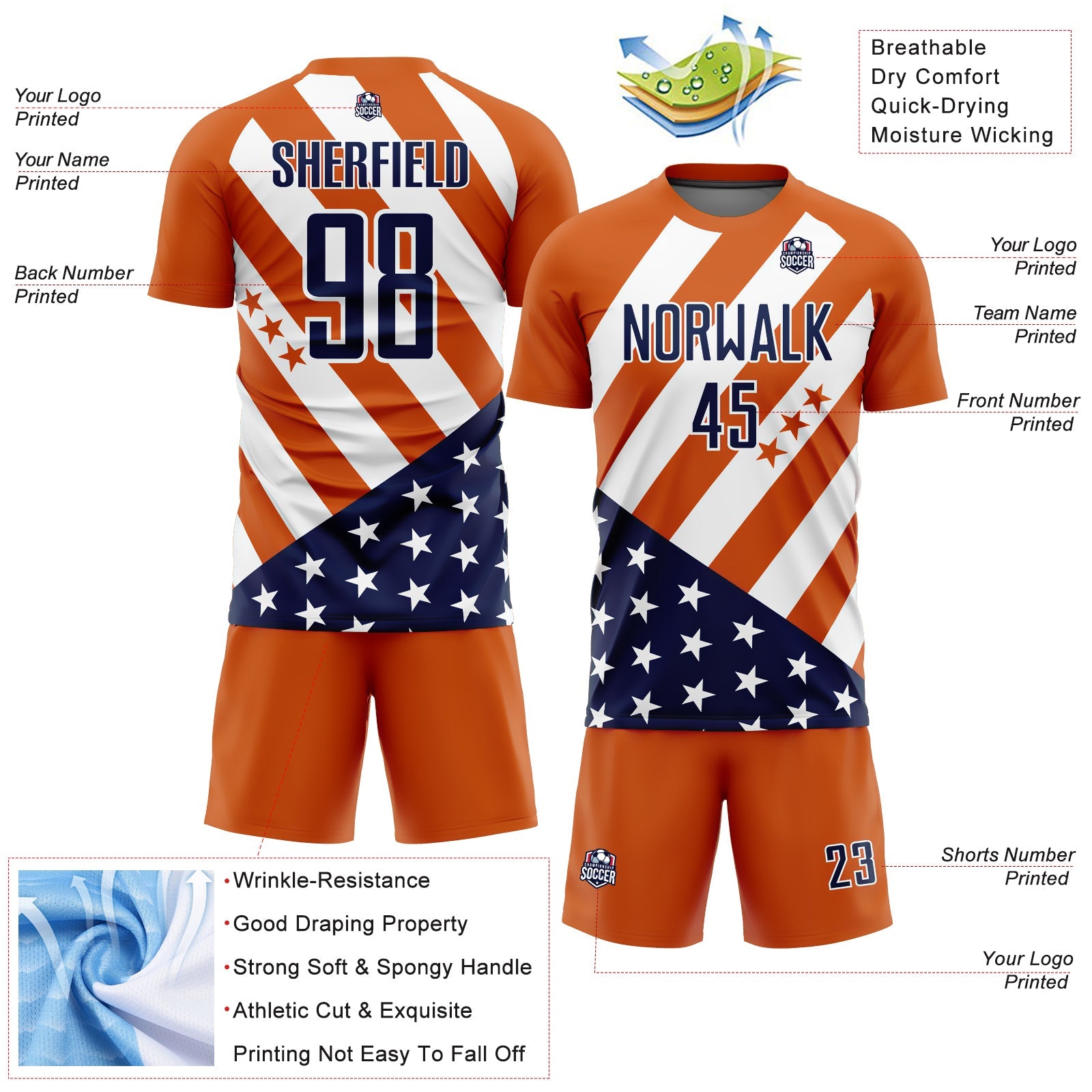 Custom Bay Orange Navy-White Vintage American Flag Sublimation Soccer Uniform Jersey - Sky-Custom