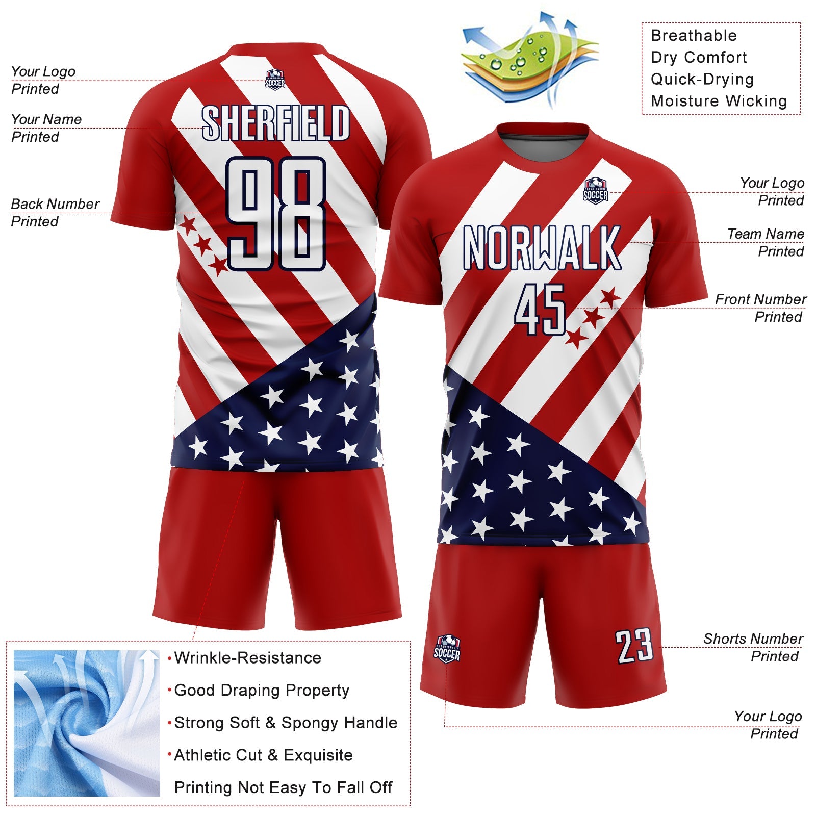 Custom Red White-Navy Vintage American Flag Sublimation Soccer Uniform Jersey - Sky-Custom