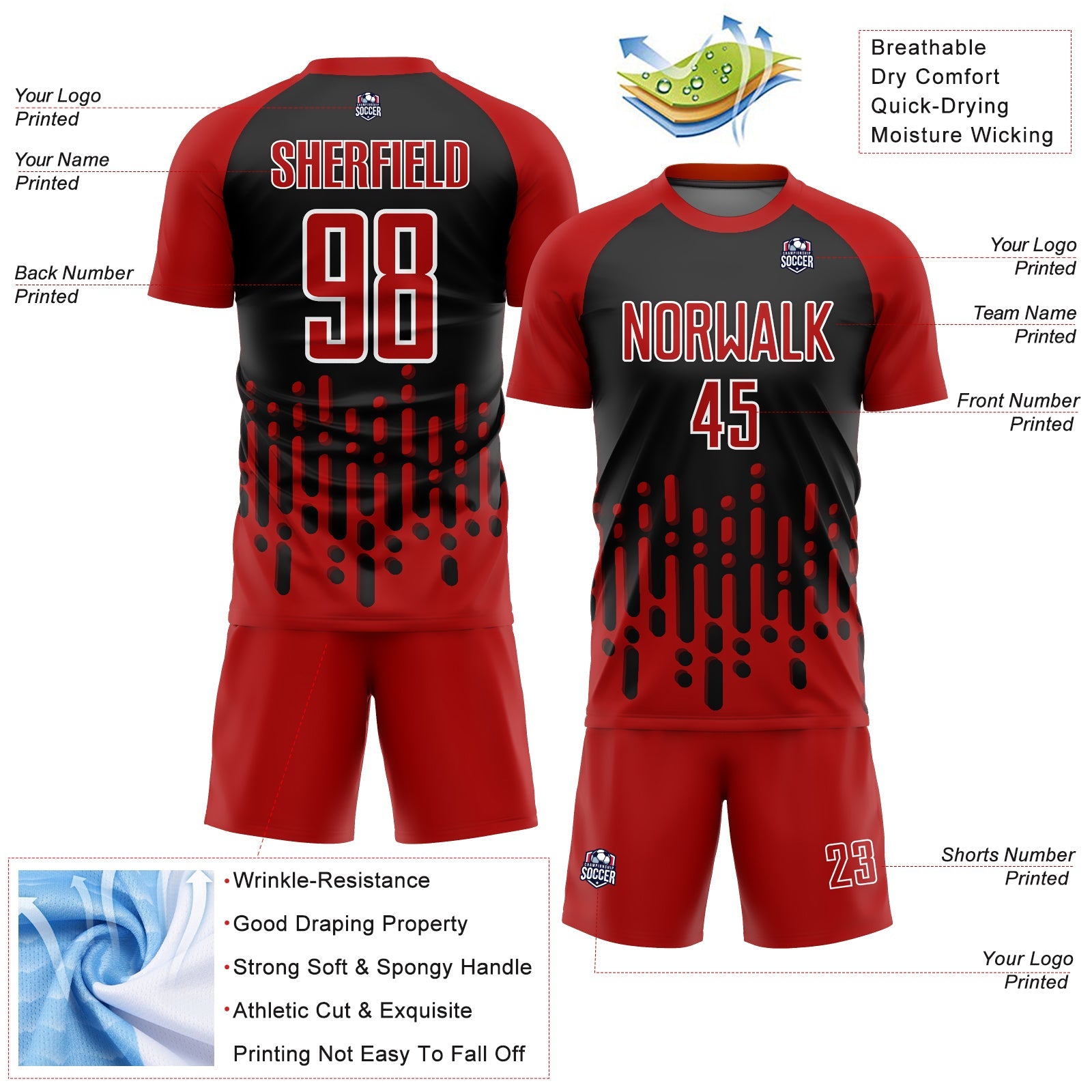 Custom Red Black-White Abstract Fluid Wave Sublimation Soccer Uniform Jersey - Sky-Custom