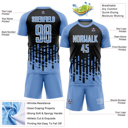 Custom Light Blue Black-White Abstract Fluid Wave Sublimation Soccer Uniform Jersey - Sky-Custom