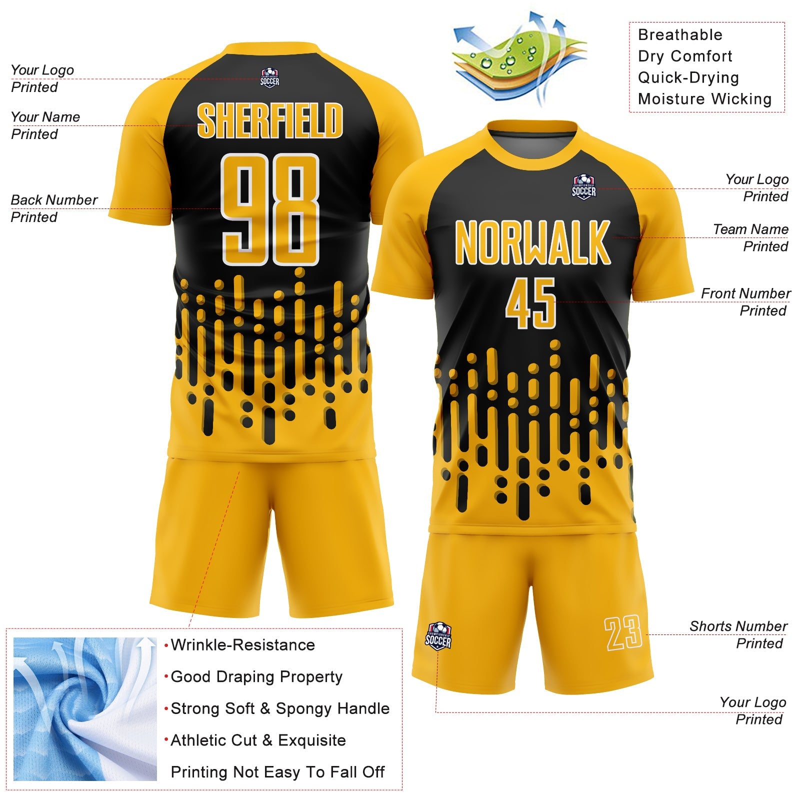 Custom Gold Black-White Abstract Fluid Wave Sublimation Soccer Uniform Jersey - Sky-Custom
