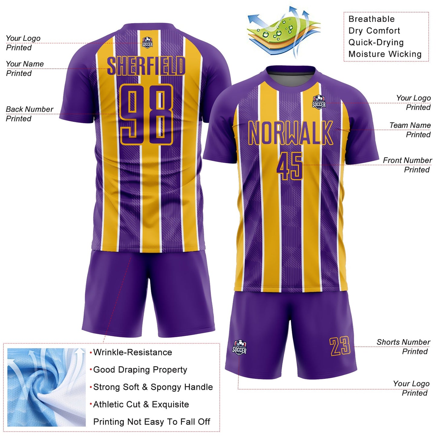 Custom Purple Gold-White Stripes Sublimation Soccer Uniform Jersey - Sky-Custom