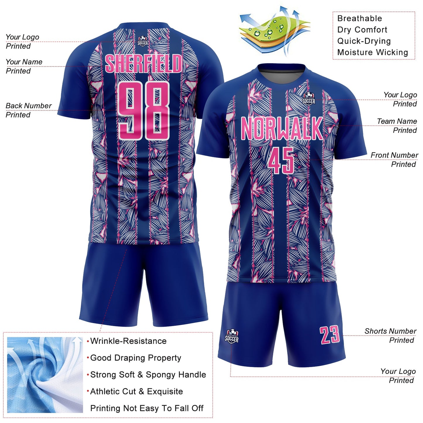 Custom Royal Pink-White Flowers Sublimation Soccer Uniform Jersey - Sky-Custom