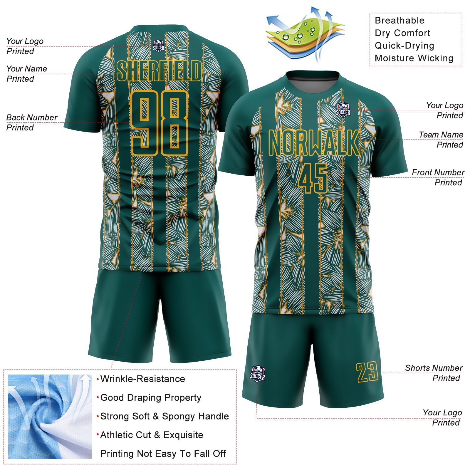 Custom Midnight Green Gold Flowers Sublimation Soccer Uniform Jersey - Sky-Custom