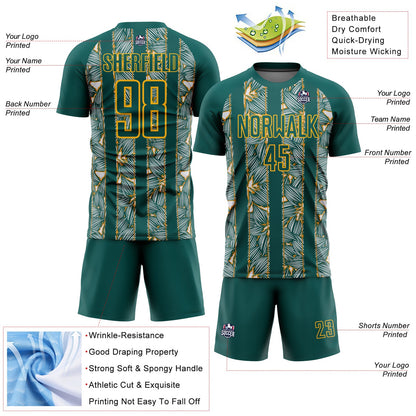 Custom Midnight Green Gold Flowers Sublimation Soccer Uniform Jersey - Sky-Custom
