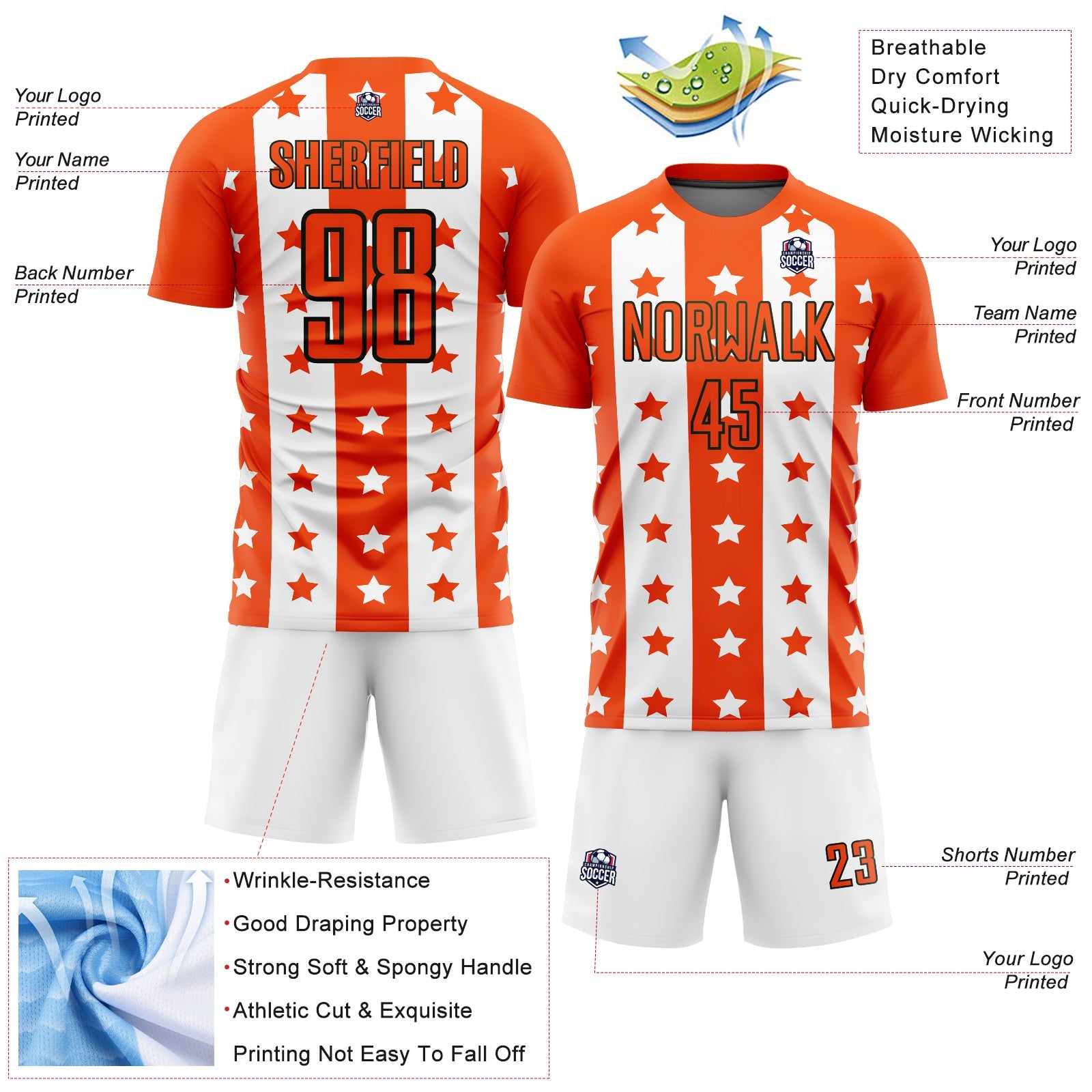 Custom Orange Black-White Stars And Stripes Sublimation Soccer Uniform Jersey - Sky-Custom