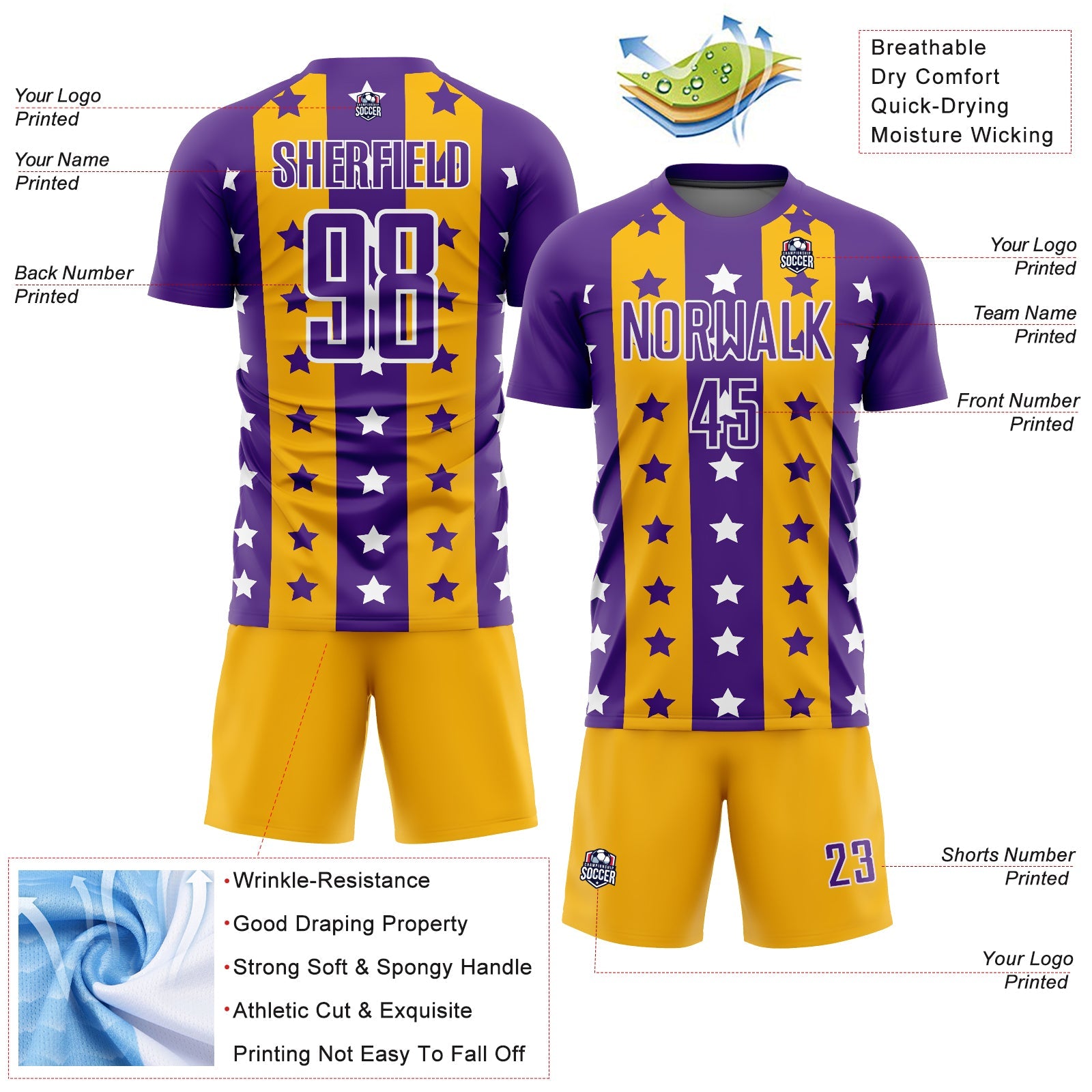 Custom Purple Gold-White Stars And Stripes Sublimation Soccer Uniform Jersey - Sky-Custom