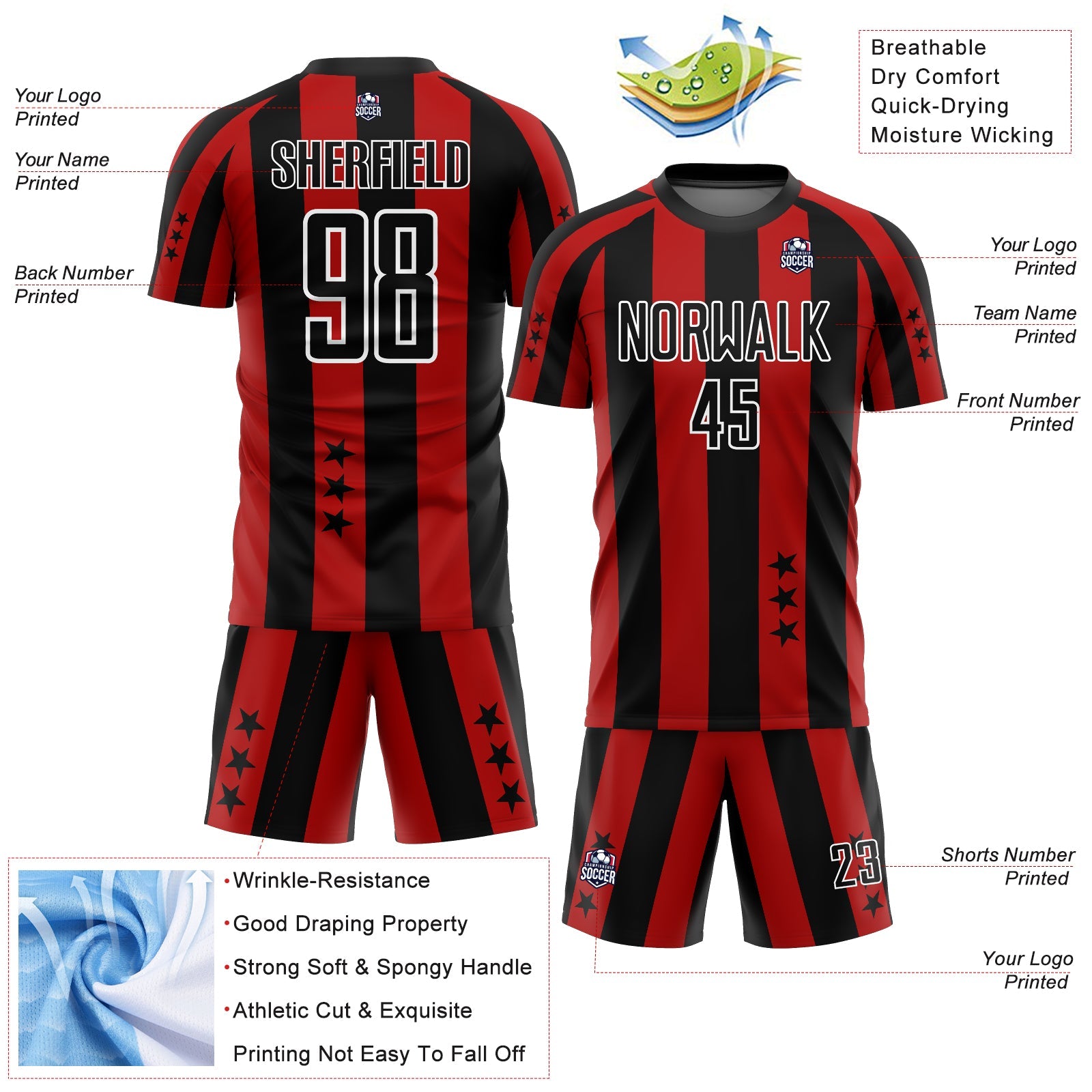 Custom Red Black-White Stars And Squares Sublimation Soccer Uniform Jersey - Sky-Custom