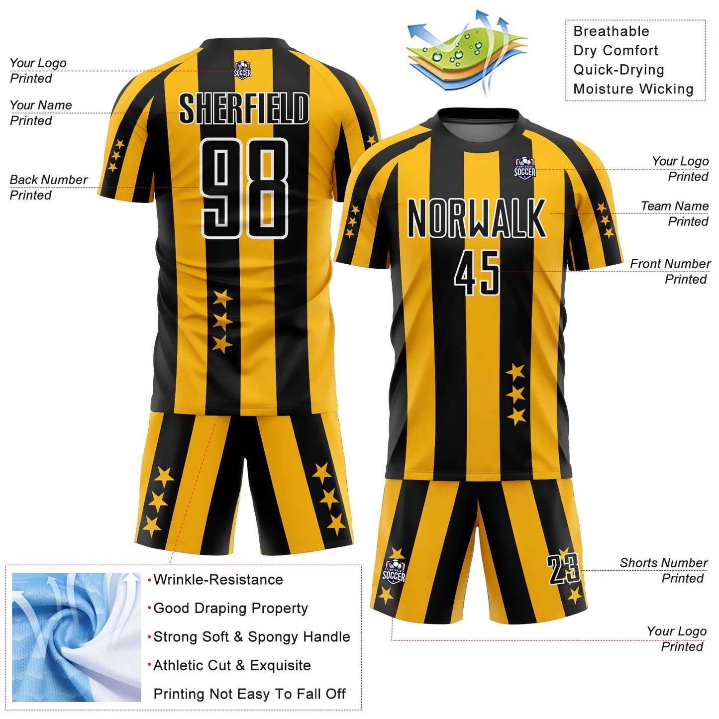 Custom Gold Black-White Stars And Squares Sublimation Soccer Uniform Jersey - Sky-Custom