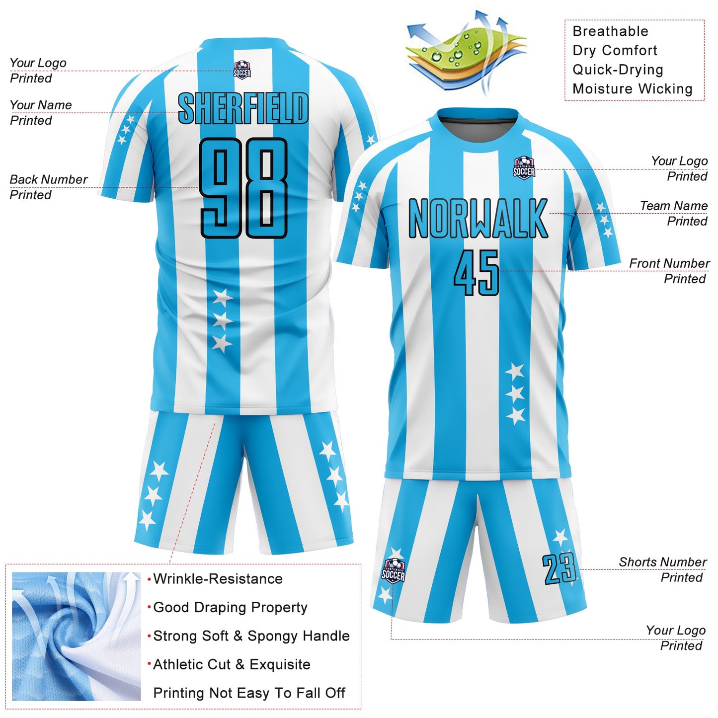 Custom White Sky Blue-Black Stars And Squares Sublimation Soccer Uniform Jersey - Sky-Custom