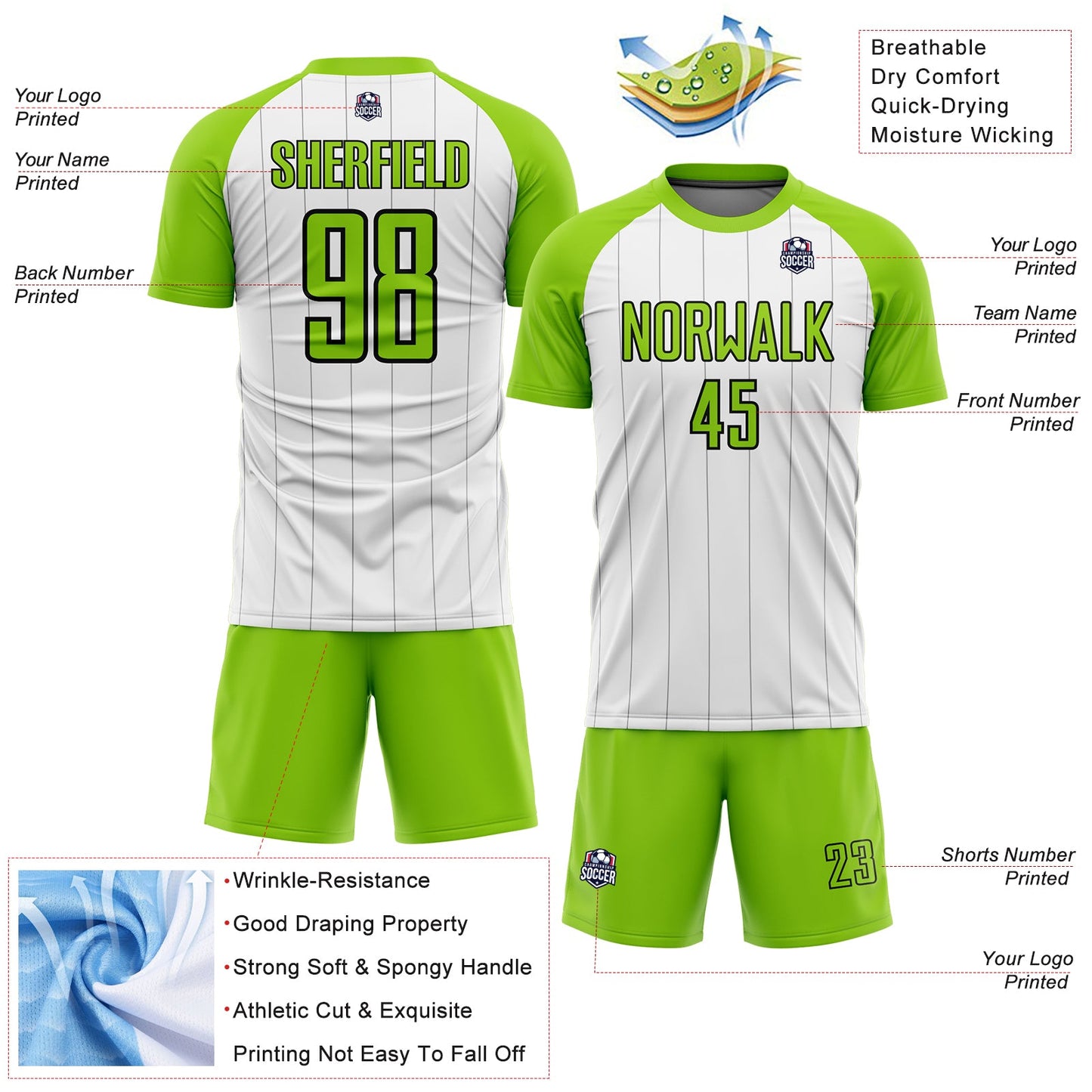 Custom White Neon Green-Black Pinstripe Sublimation Soccer Uniform Jersey - Sky-Custom