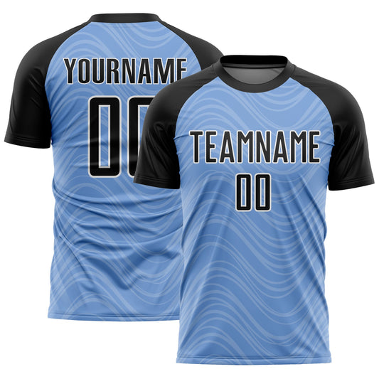 Custom Light Blue Black-White Wavy Lines Sublimation Soccer Uniform Jersey - Sky-Custom