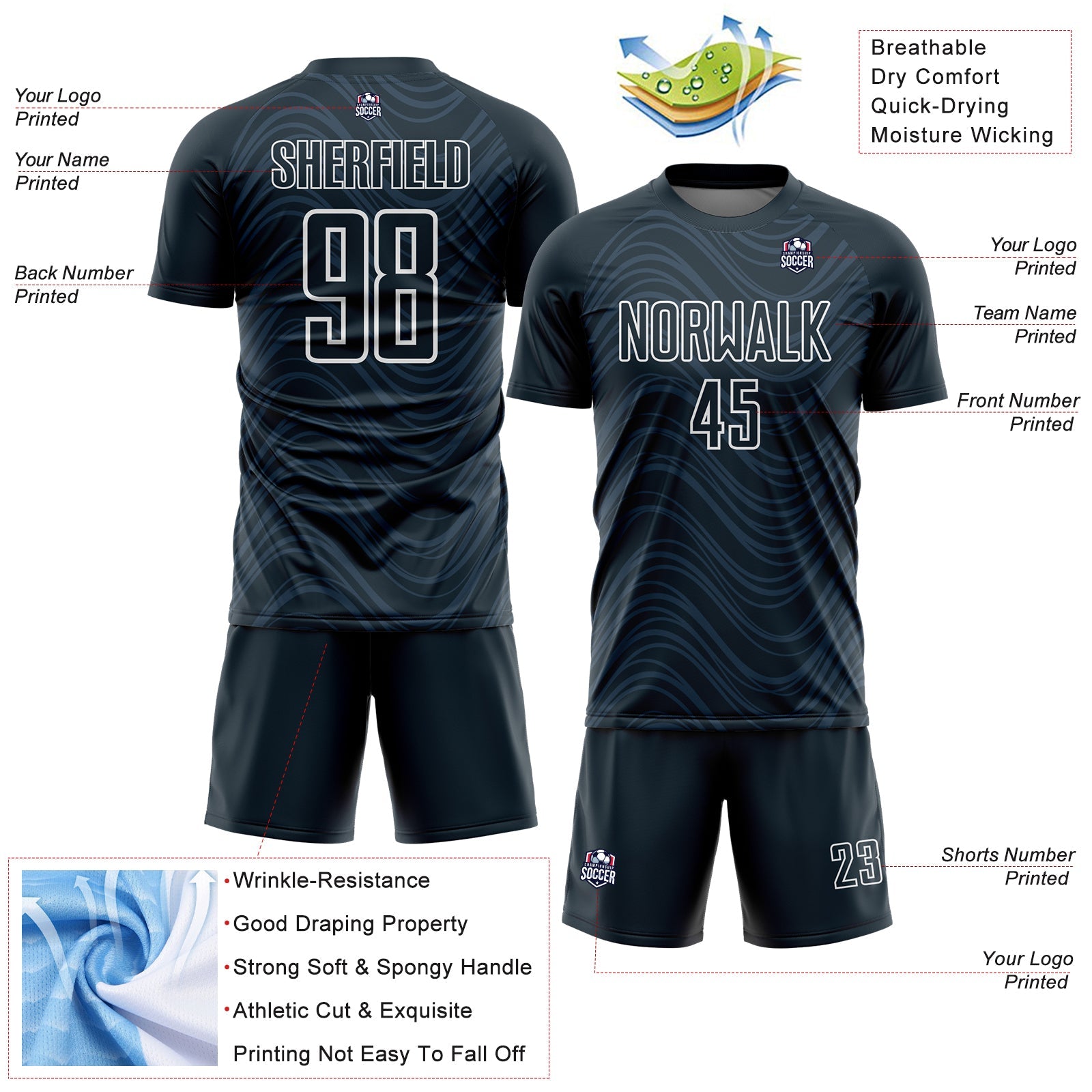 Custom Navy White Wavy Lines Sublimation Soccer Uniform Jersey - Sky-Custom