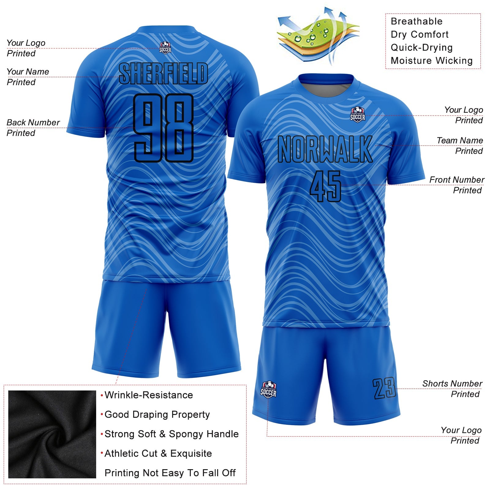 Custom Sky Blue Black Wavy Lines Sublimation Soccer Uniform Jersey - Sky-Custom