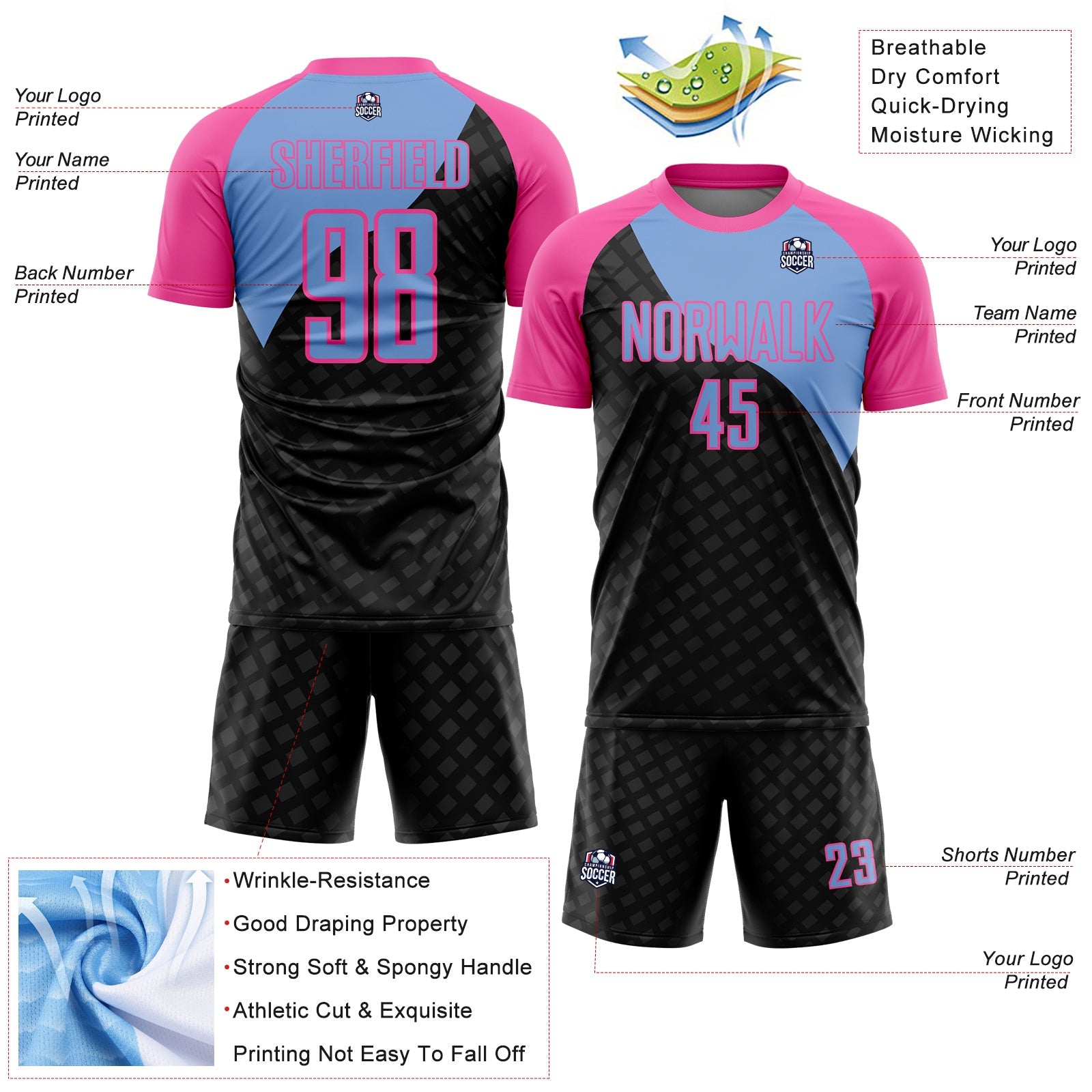 Custom Black Light Blue-Pink Curve Lines Sublimation Soccer Uniform Jersey - Sky-Custom
