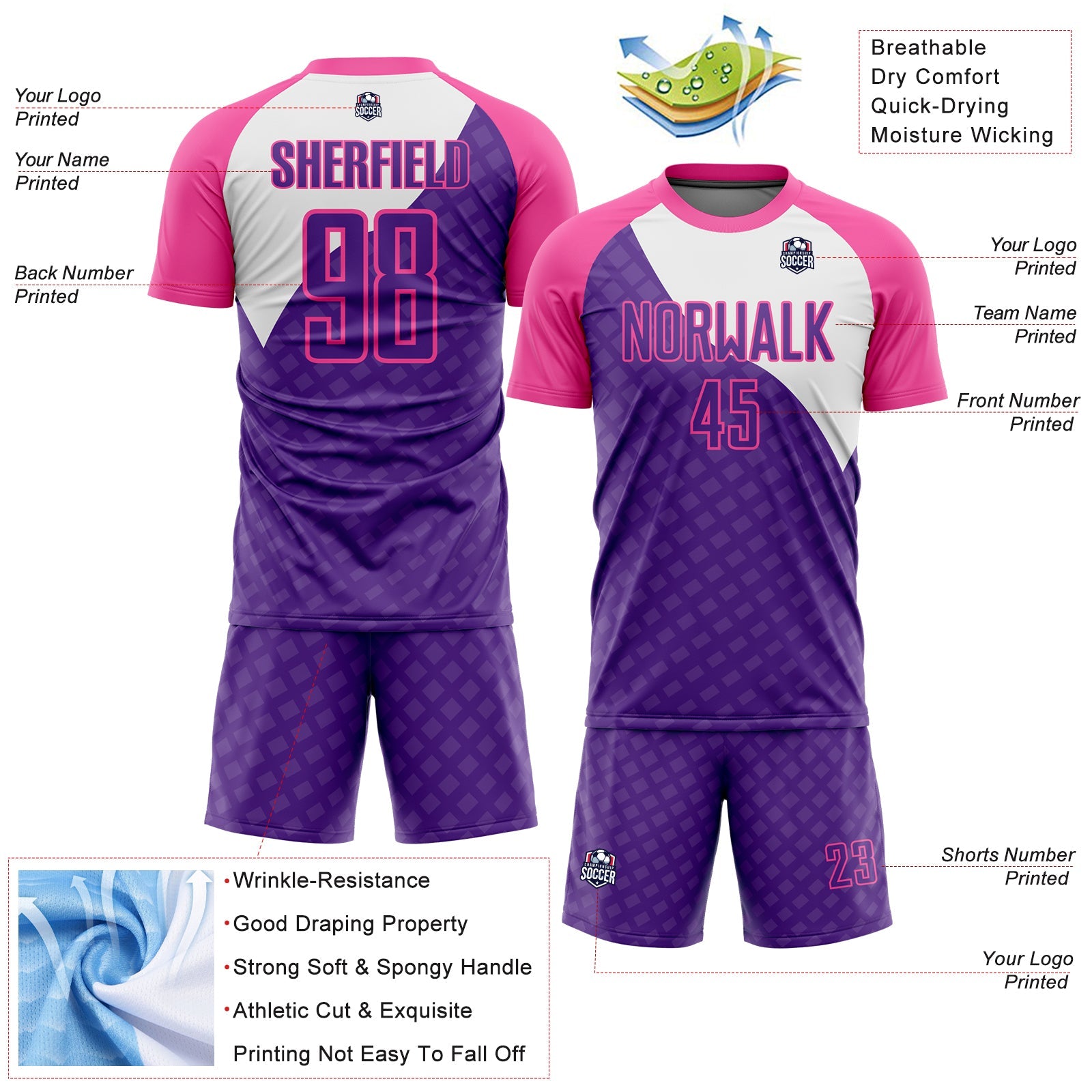 Custom Purple Pink-White Curve Lines Sublimation Soccer Uniform Jersey - Sky-Custom