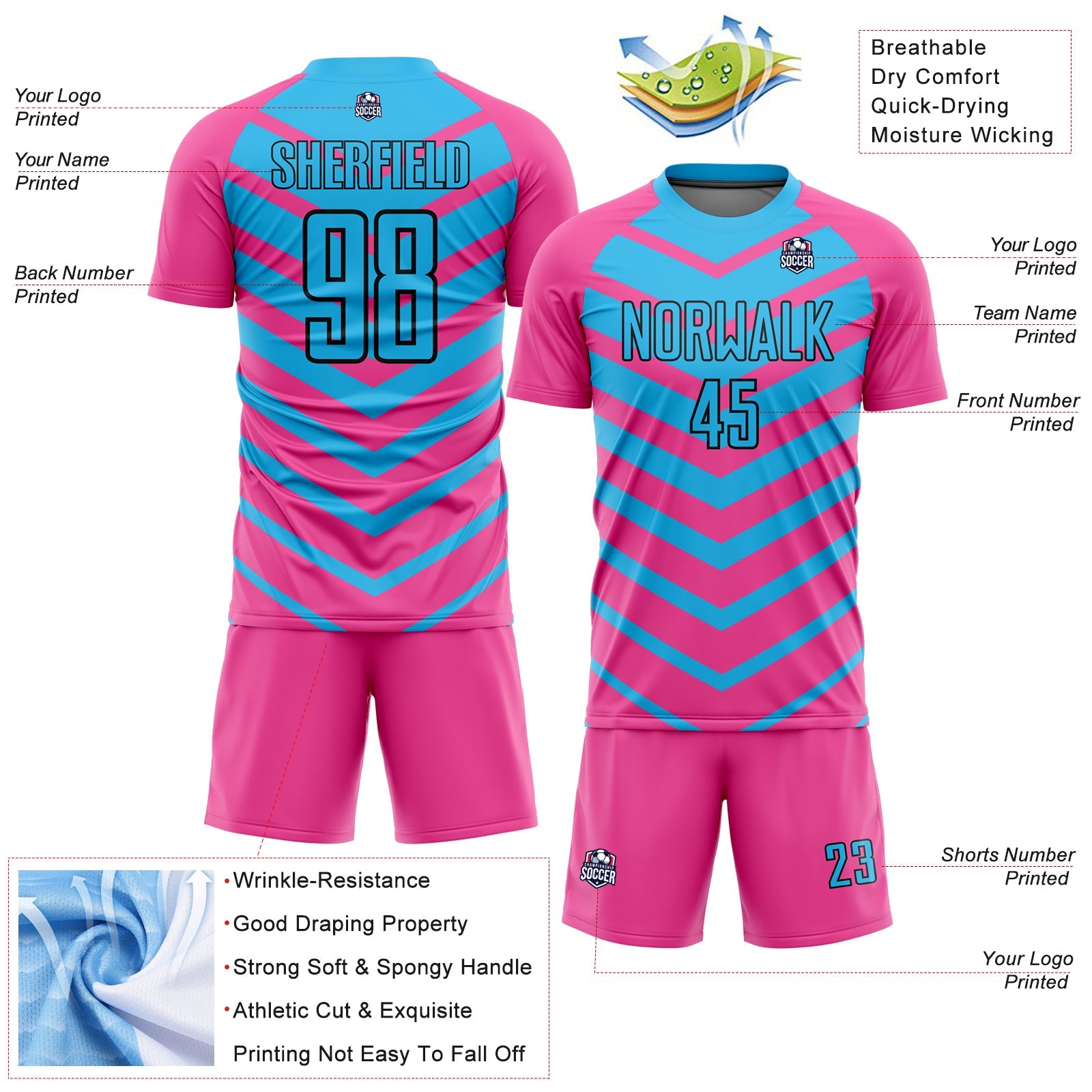Custom Pink Sky Blue-Black Arrow Shapes Sublimation Soccer Uniform Jersey - Sky-Custom