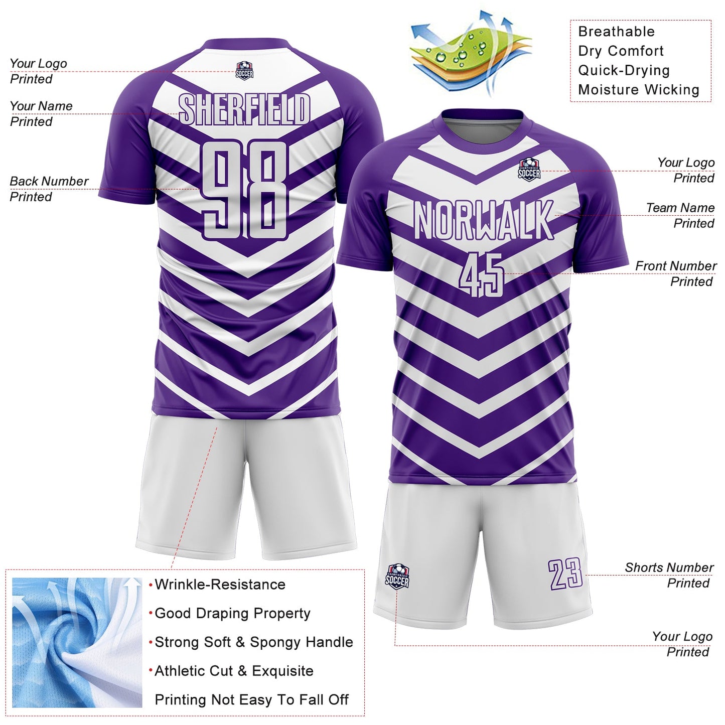 Custom Purple White Arrow Shapes Sublimation Soccer Uniform Jersey - Sky-Custom