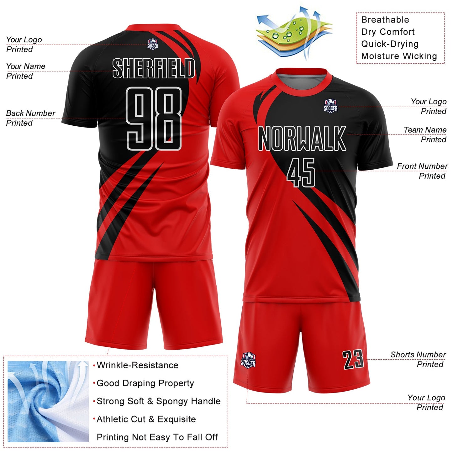 Custom Red Black-White Curve Lines Sublimation Soccer Uniform Jersey - Sky-Custom