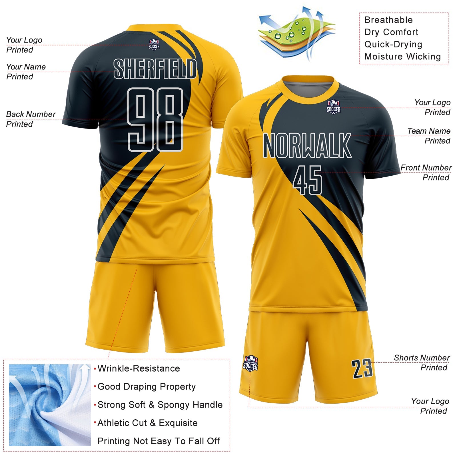 Custom Gold Navy-White Curve Lines Sublimation Soccer Uniform Jersey - Sky-Custom