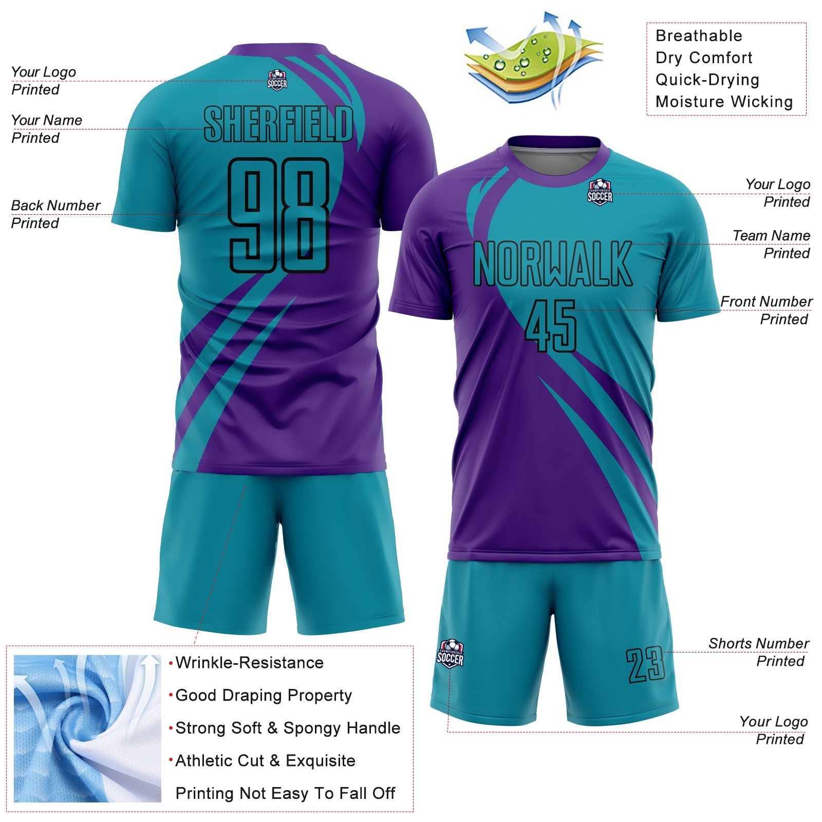Custom Purple Teal-Black Curve Lines Sublimation Soccer Uniform Jersey - Sky-Custom