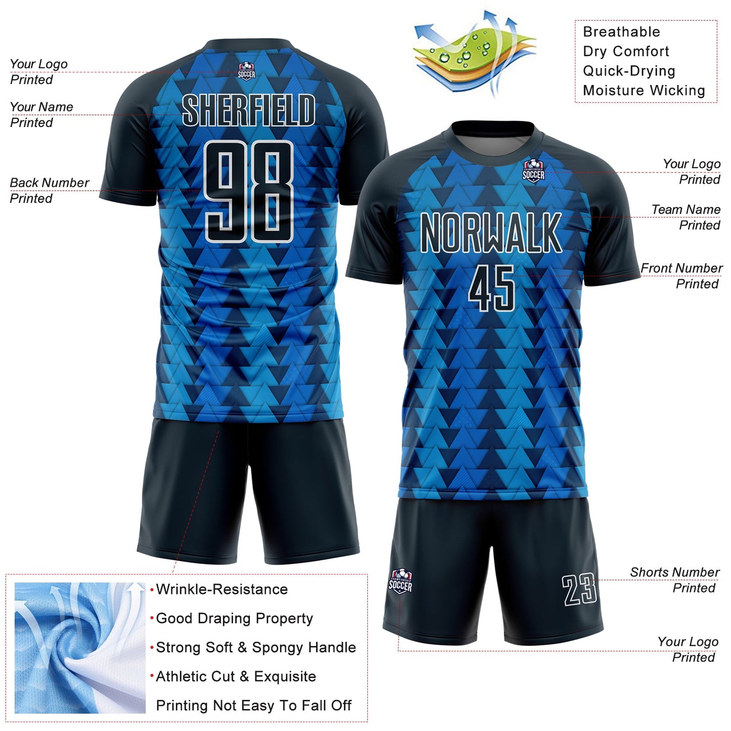 Custom US Navy Blue Navy-White Triangle Shapes Sublimation Soccer Uniform Jersey - Sky-Custom