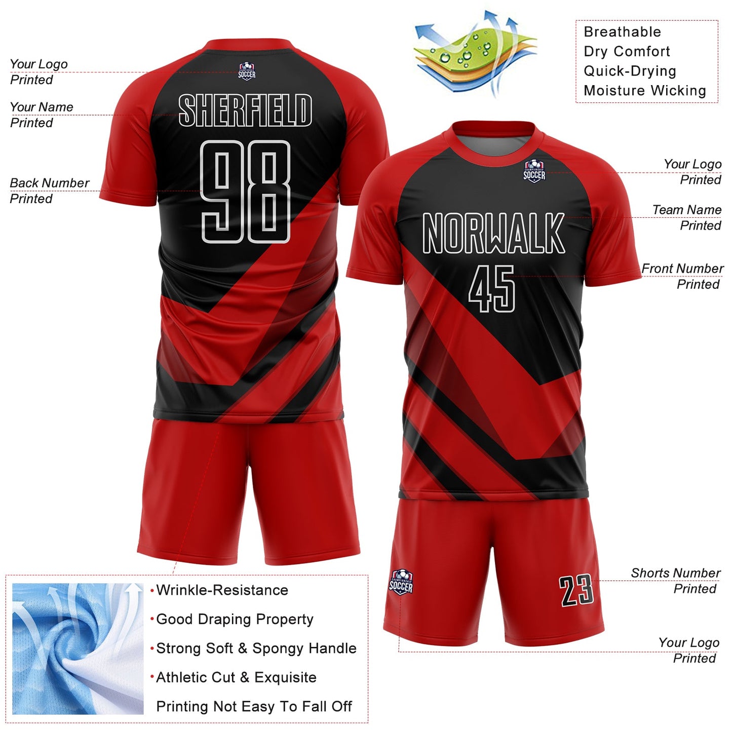 Custom Red Black-White Arrow Shapes Sublimation Soccer Uniform Jersey - Sky-Custom